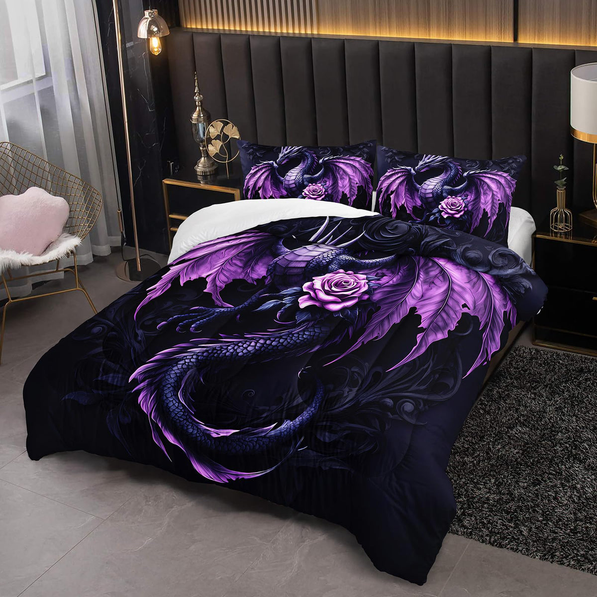 XYNHML Western Dark Purple Fantasy Dragon Comforter 3Pcs Twin Wild Animal Dragon Floral Bedding Set for Kid Teen Girl Boy Teen Adult Mysterious Pattern Quilt Bed Decor with 1 Comforter+2 Pillowcases