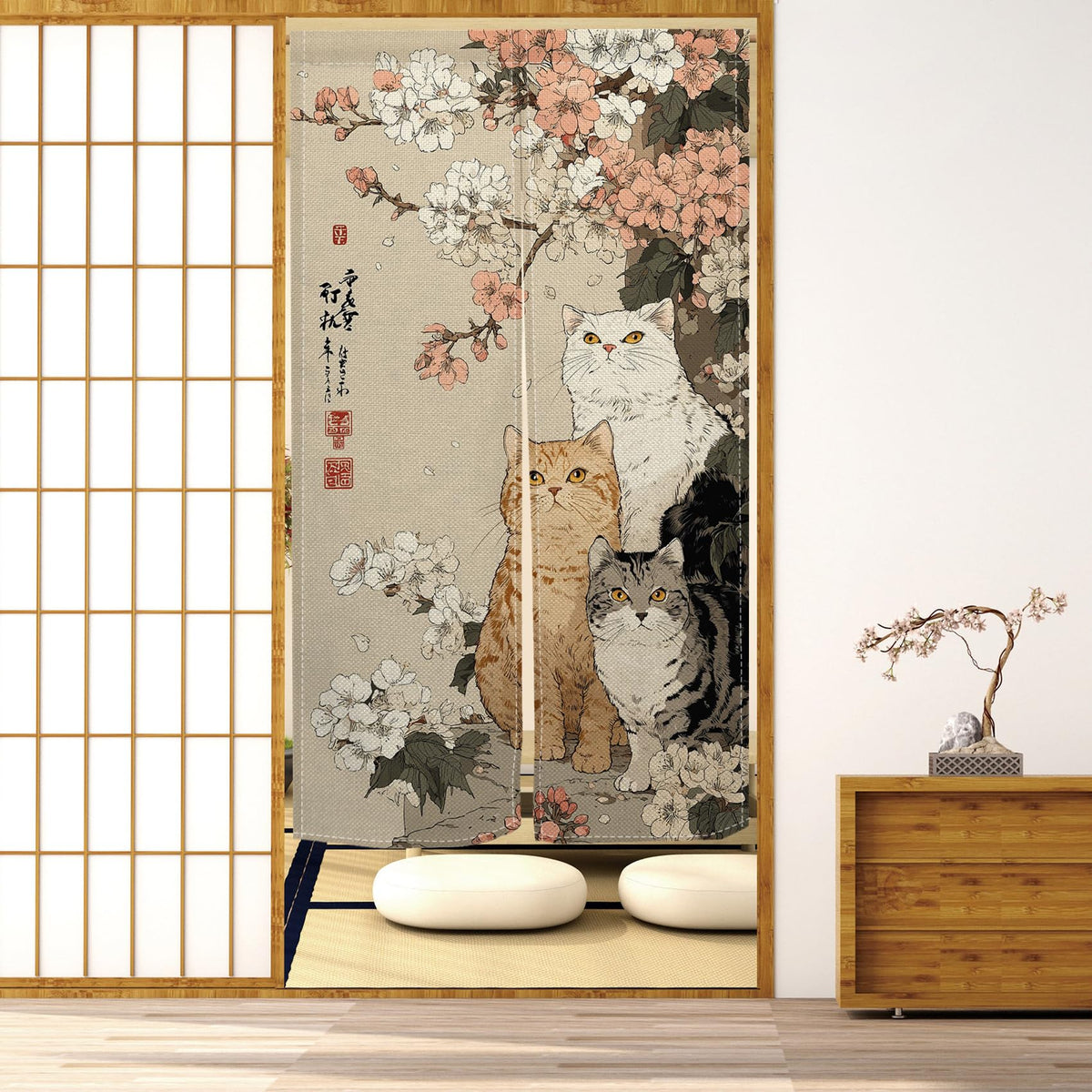 Leowefowa Noren Japanese Doorway Curtain Cat with Cherry Blossom Traditional Chinese Printed Door Curtains Retro Floral Animal Window Treatment Panel for Room Divider Home Kitchen Decor, 33.5x59inch
