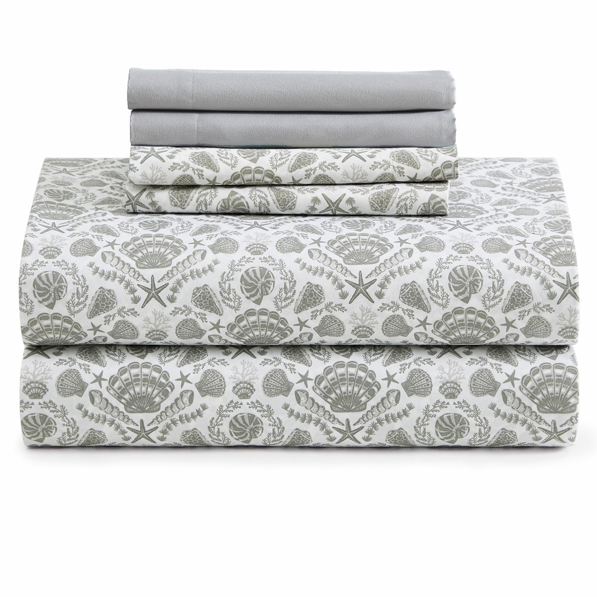 Caribbean Joe 6-Piece Sheet Set with Cooling Pillowcases, 12-inch Deep Pockets, Tropical Beach Coastal Design, Queen, Damask Shells