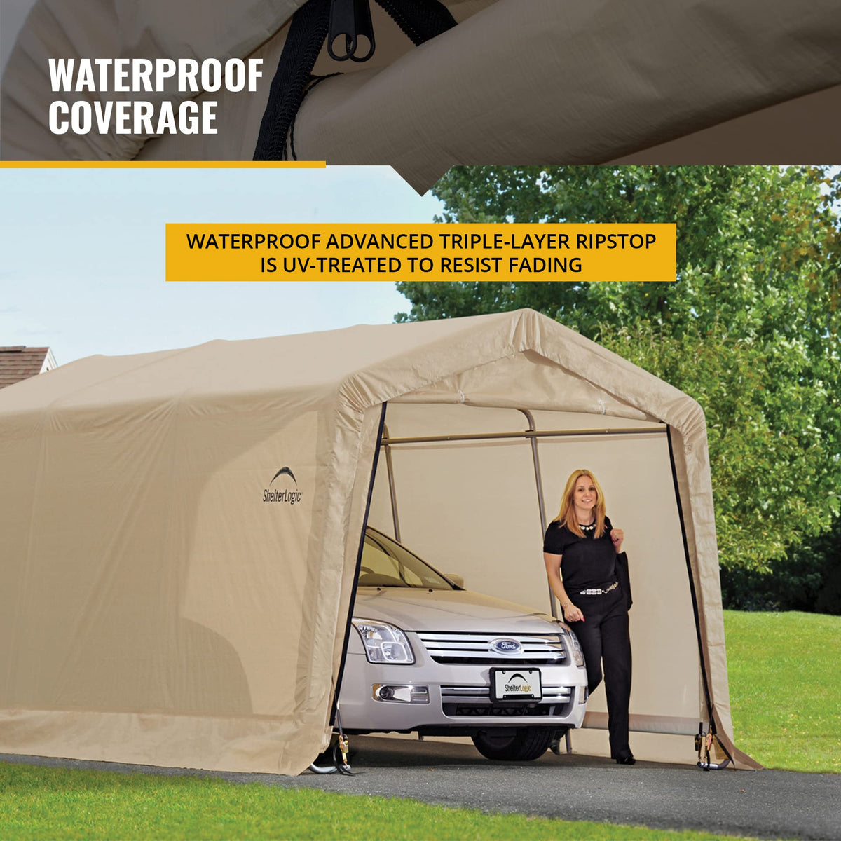 ShelterLogic 10' x 15' x 8' Peak Style Roof Instant Garage Carport Car Canopy with Steel Frame and Waterproof UV-Treated Cover, Sandstone | ShelterLogic ShelterAuger 4-Piece 30-Inch Reusable Heavy Duty Steel Earth Auger Anchor Kit with 4 Clamp-on Wire Tie