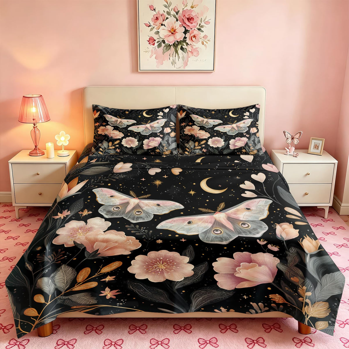 Pink Luna Moth Bedding Set 4 Pcs Girls Moon Star Full Sheets