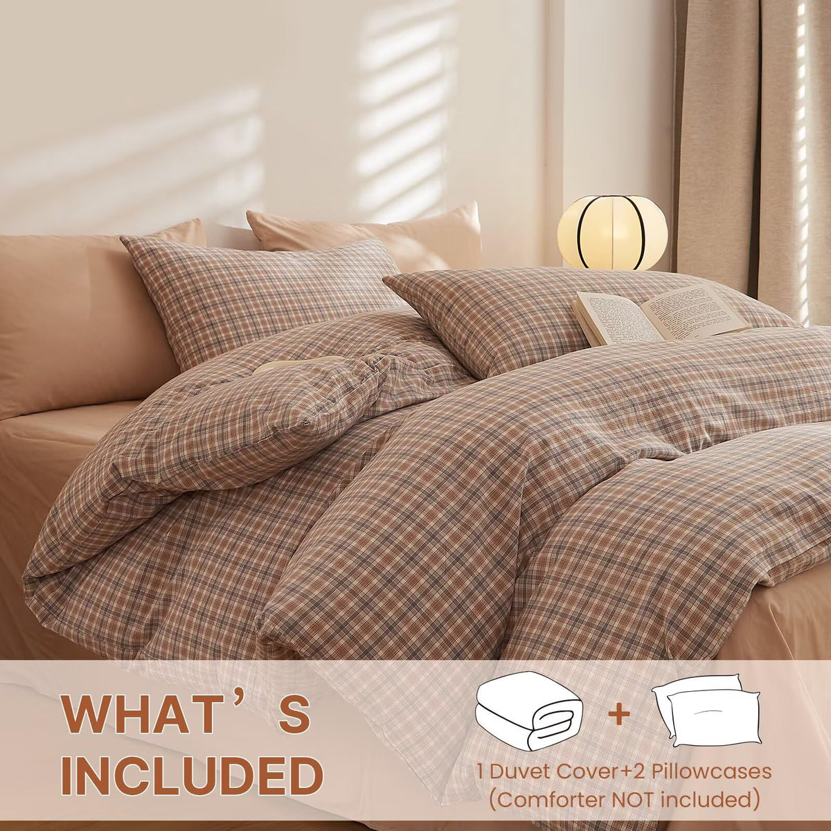 AMZTOP Plaid Queen Size Duvet Cover Set 100 Cotton,1 Duvet Cover and 2 Pillowcases,Soft Comfy Breathable Comforter Covers Bed Set,Washed Cotton Zipper Closure Queen Bedding 90"×90"