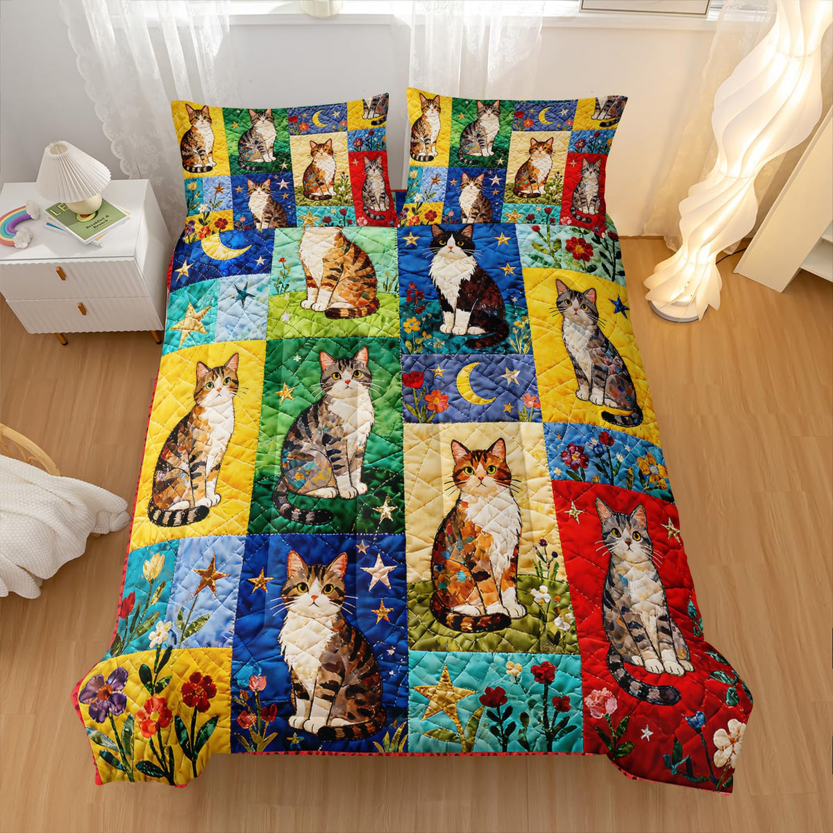 Nttopship Cartoon Cat Comforter Set Full Size 3PCS,Cat Puzzle Bedding Set for Teen Adult,Floral Cat Animal Themed Room Decor Ultra-Soft Lightweight Microfiber with 2 Pillowcases