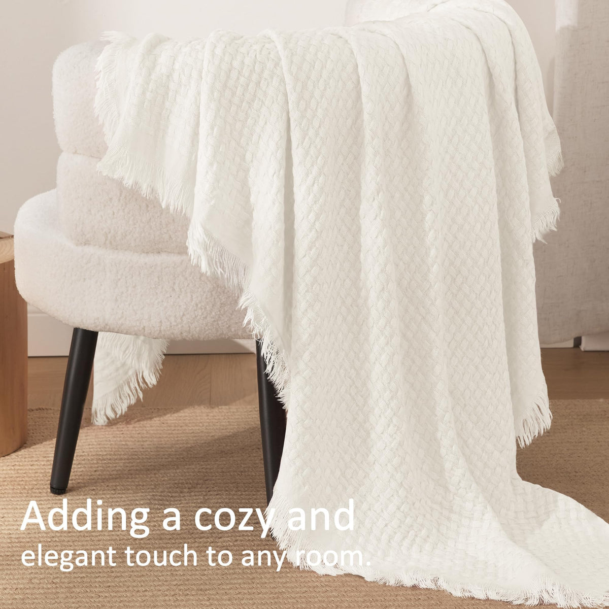 Exclusivo Mezcla Knit Throw Blanket with Fringes for Couch, Reversible Super Soft and Warm Woven Throw for Summer, Home Decor, 50"x60", Ivory