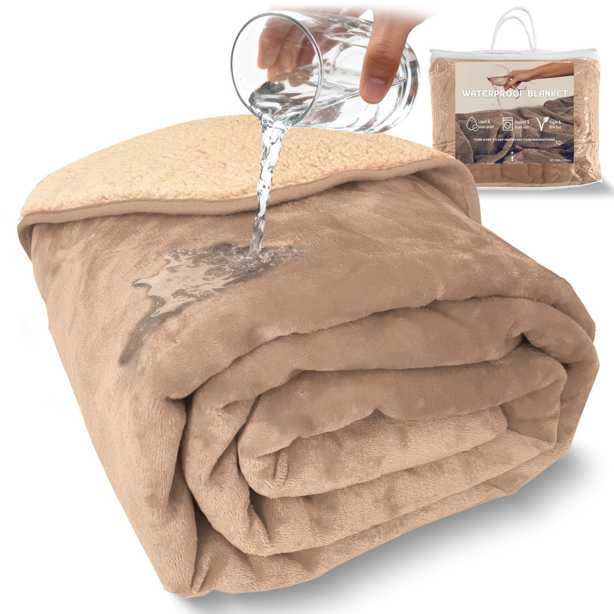 Sacred Weapon Waterproof Blanket Queen Twin Size - Soft Plush Sherpa Fleece Cozy Warm Throw Blanket for Couch Bed, Comfy Sofa Cover Gift, Water Proof Splash Stain Mattress Protector, Beige Tan 50x80
