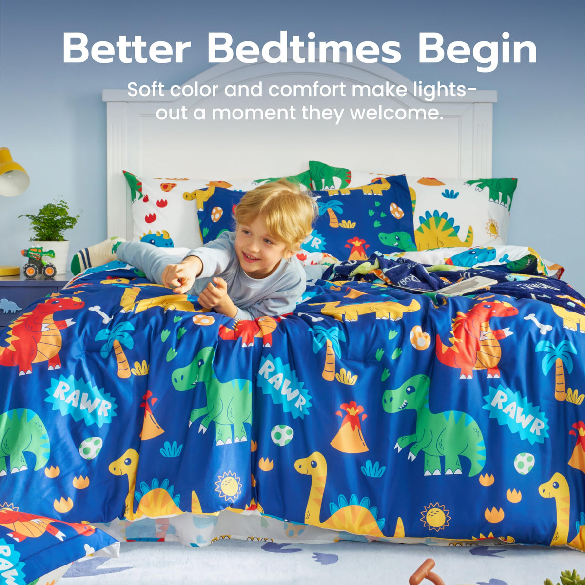 Joiedomi Kids Comforter Set Bedding Set for Boys Girls Super Soft Microfiber Bed in a Bag with Comforter Sheets Pillowcase Sham, Dark Blue Cute Dinosaur, Full