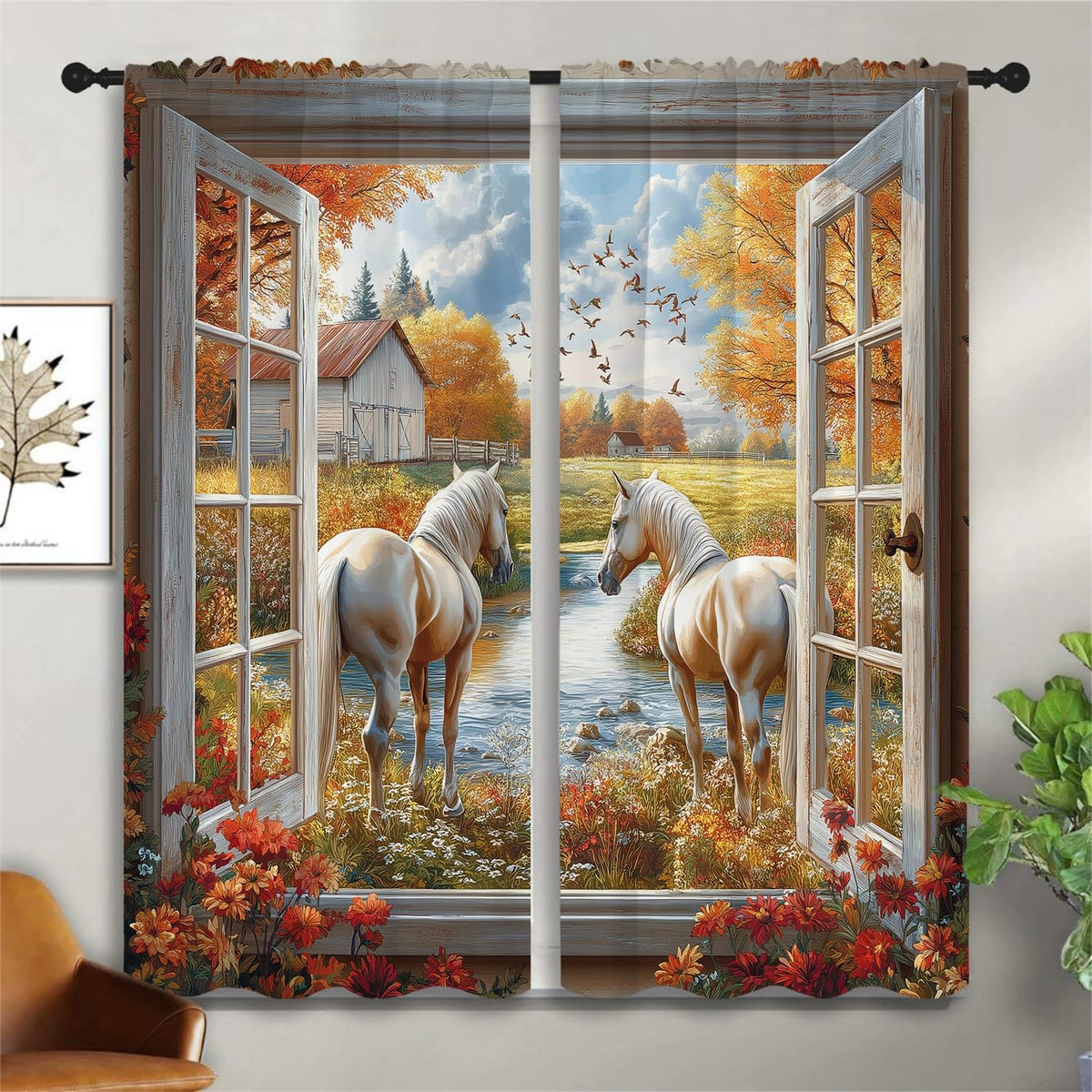 Farm Horse Boy Girls Blackout Curtains,Rustic Sunset Nature Scenery Western Country Farmhouse Barn Cabin, 2 Panel Rod Pocket Thermal Insulated Drapes for, Living, Kids Teen Room Deco 42x63 inch