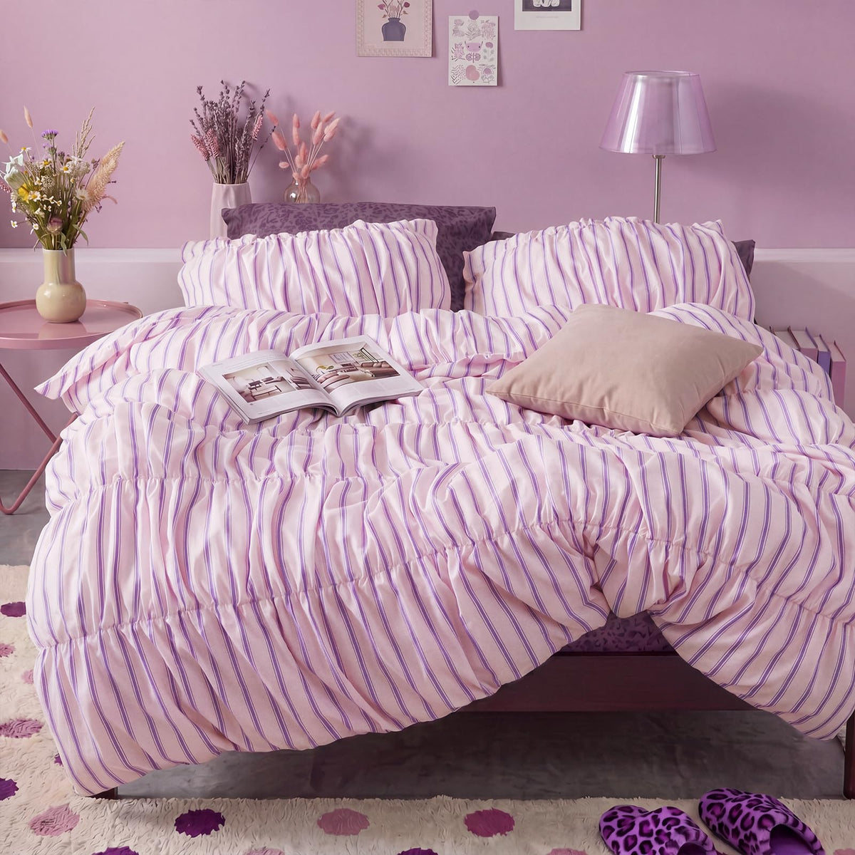 Merryword Pink Ruched Duvet Cover Set Queen Size 100% Cotton Bedding Set Pink and Purple Striped Aesthetic Duvet Cover with Zipper Closure and 8 Corner Ties