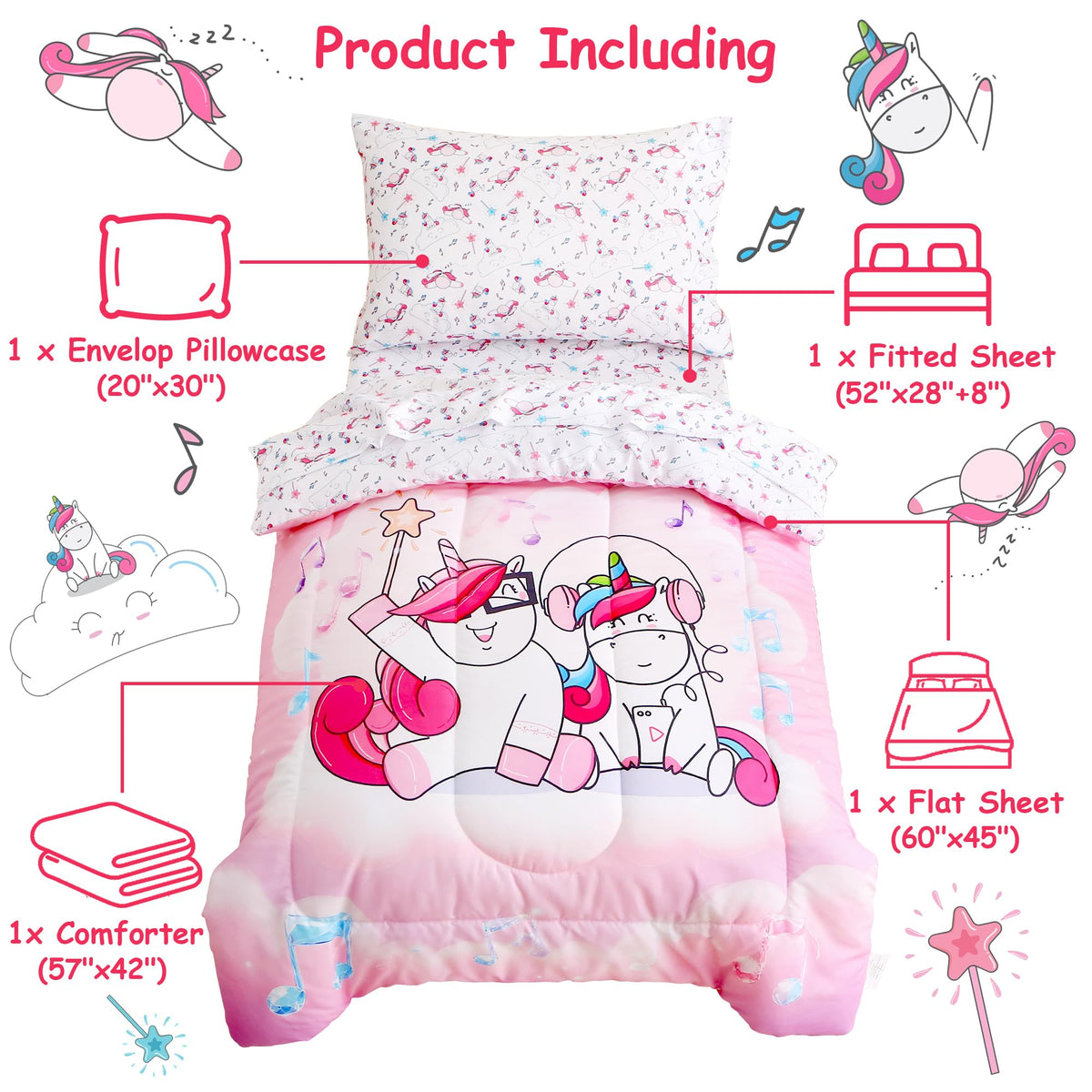 Mooreeke 4 Pieces Toddler Bedding Set - Pink Purple Music Unicorn Toddler Comforter Sets for Girls, Includes Comforter, Flat Sheet, Fitted Sheet and Pillowcase, Bed in A Bag for Baby Bedroom
