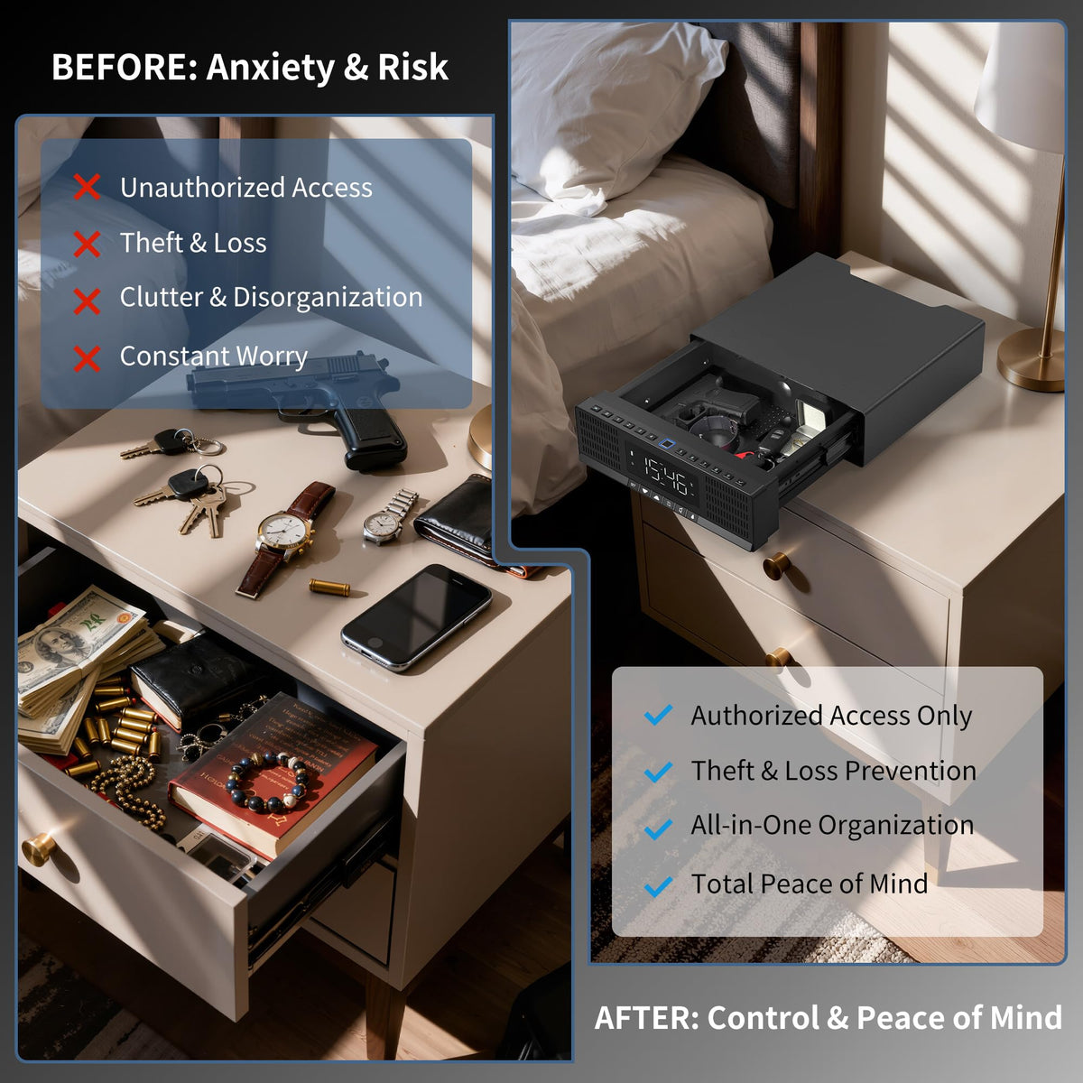 Medunor Smart Security Box, Biometric Fingerprint Safe for Handgun & Valuables, Portable Lock Box with Bluetooth, Anti-Theft Steel Cable, USB Charging, Digital Keypad, Hidden Audio Design