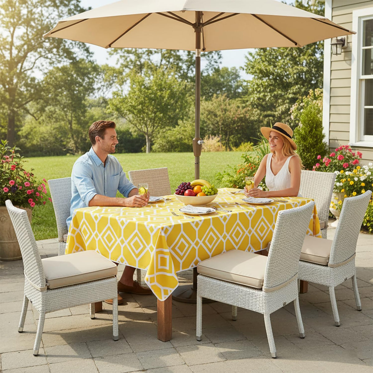LUSHVIDA Moroccan Outdoor Tablecloth with Umbrella Hole and Zipper, 60 x 84 Inch Yellow, Rectangle Waterproof Wrinkle Free Table Cloth Decorative Fabric Washable Table Cover for Patio, Party, Picnic