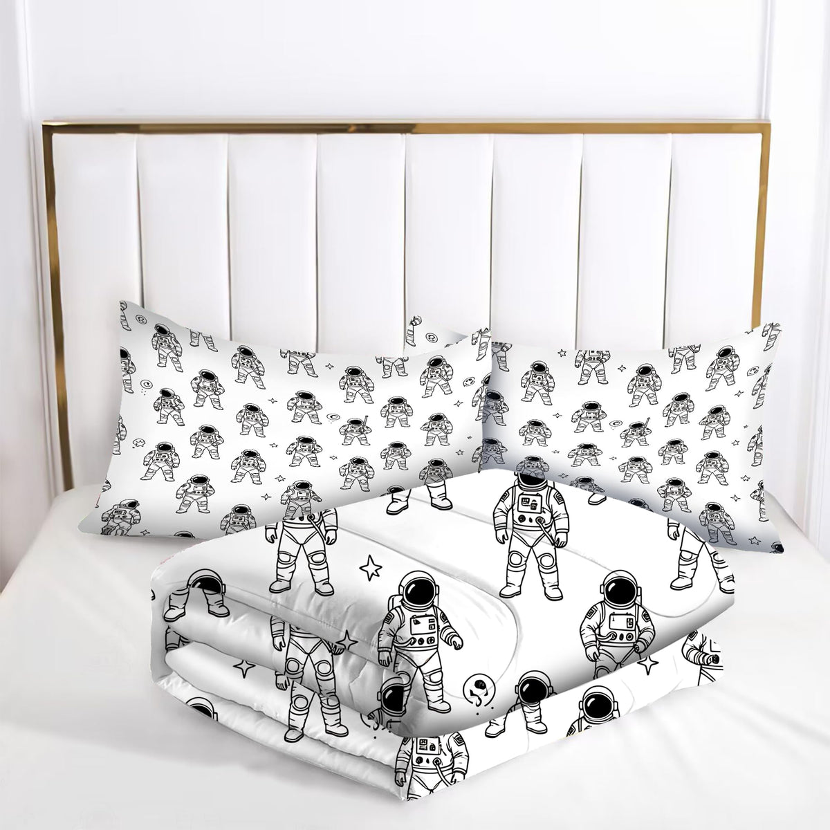 VTKON Black and White Astronaut 3Pcs Comforter Set for Boys, Full Size Spaceman and Star Bedding Set, Line Print Galaxy Bed Sets for Kids Bedroom with 2 Pillowcases