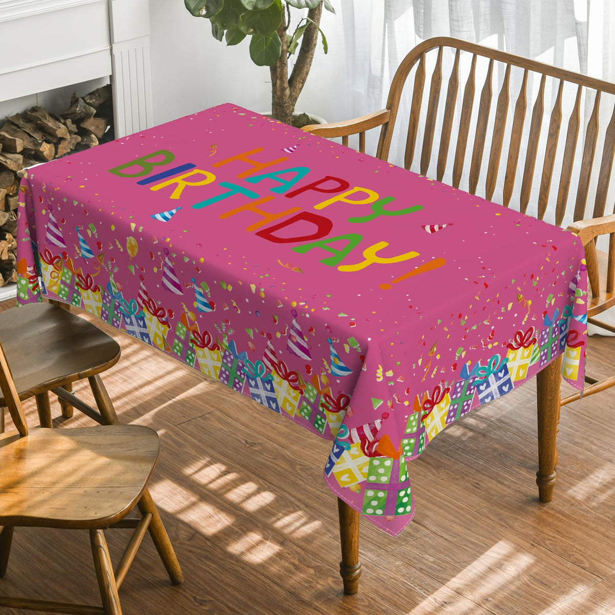 Horaldaily Birthday Tablecloth 60x84 Inch Rectangular, Happy Birthday Ballon Pink Washable Seasonal Table Cover for Party Picnic Dinner Decor