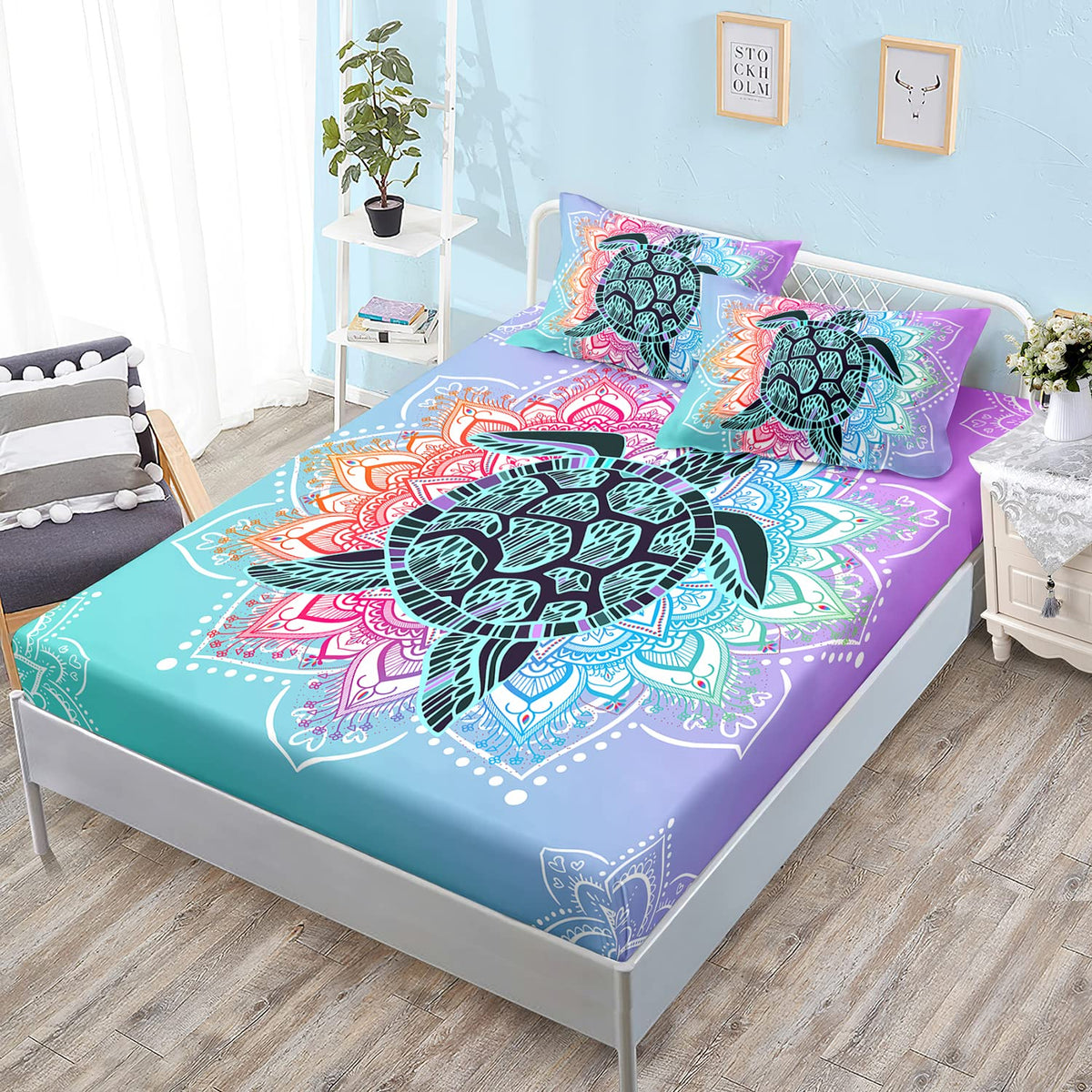 HOSIMA Sea Turtle Bedding,Coastal Beach Themed Fitted Sheet Set Queen Size for Kids Teen Girls Boys Room Decor,Mandala Turtle Fitted Sheet Set Twin Size,1 Fitted Sheet+2 Pillowcases.