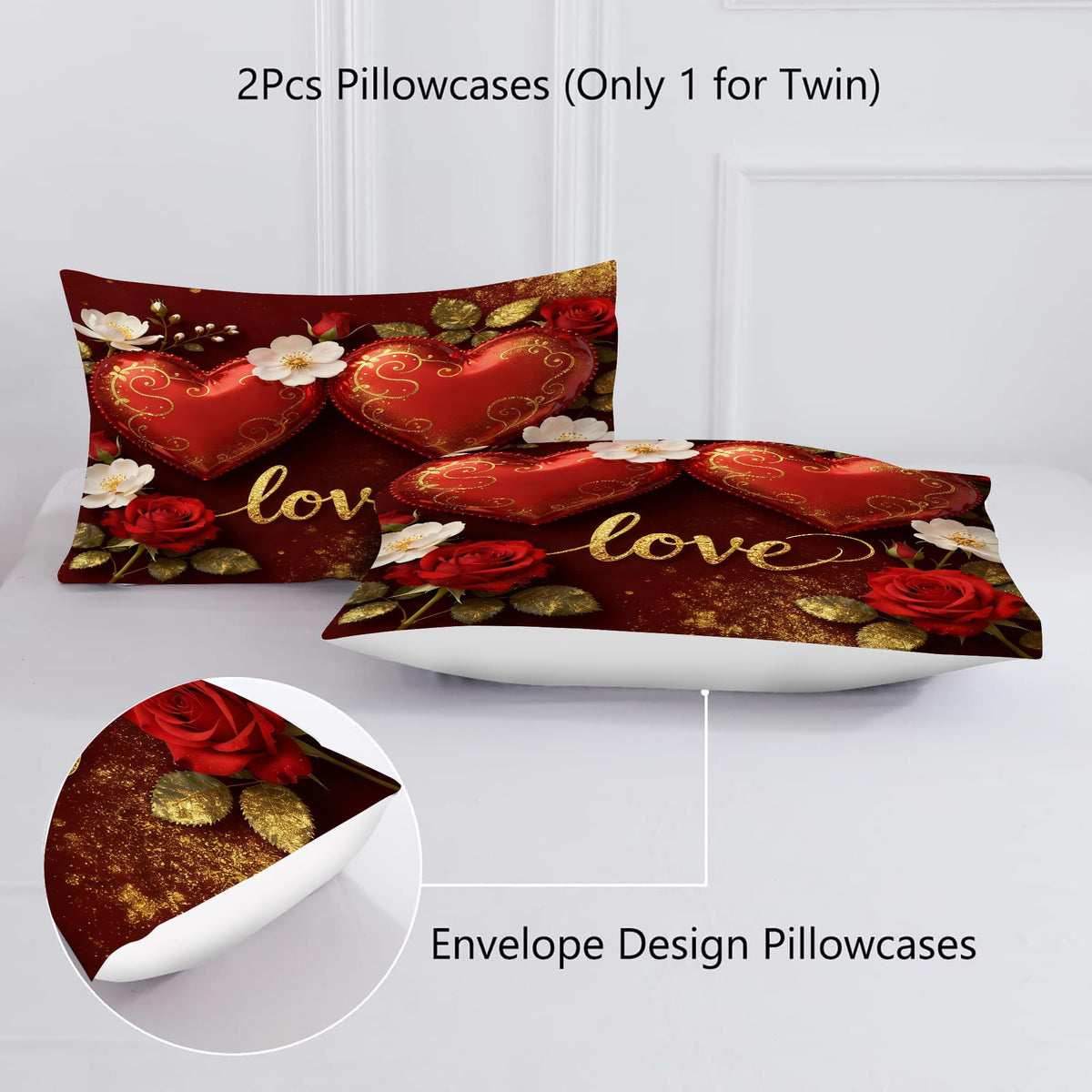 VTKON Love Heart Bedding Set Full Size 3 Piece Romantic Red Rose Comforter Set for Women Golden Glitter Love Bed Sets Valentine's Day Duvet with 1 Comforter 2 Pillow Cases