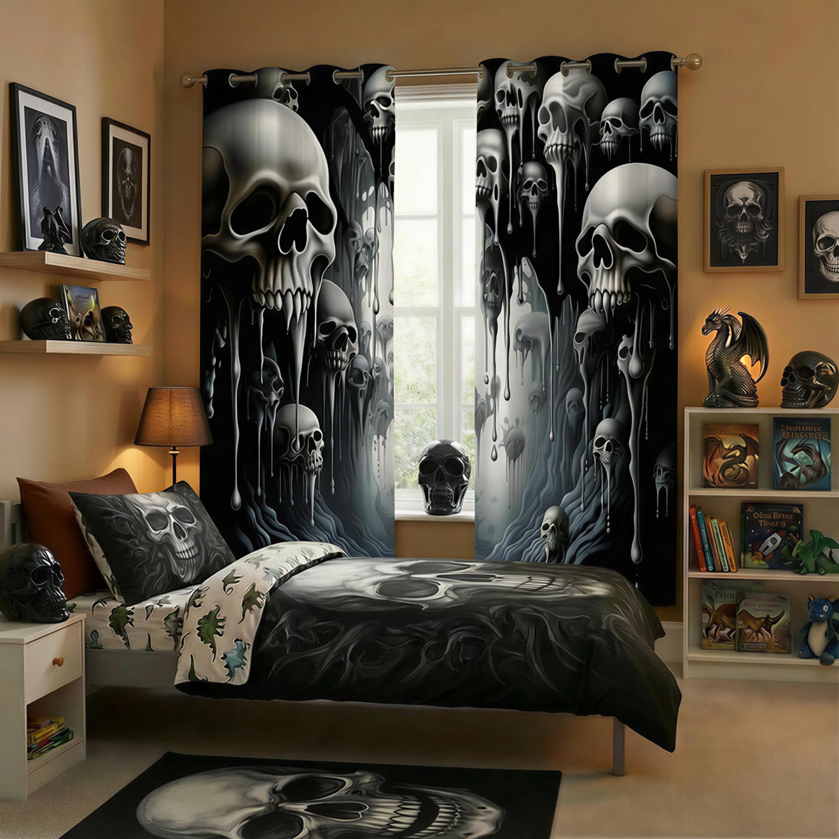 ONINUO Horror Skull Blackout Curtains for Girls Boy Home Decor, Day of The Dead Spooky Halloween Grommet Thermal Insulated Drapes Darkening Window Curtain for Bedroom Living Room, 42 x 45 Inch