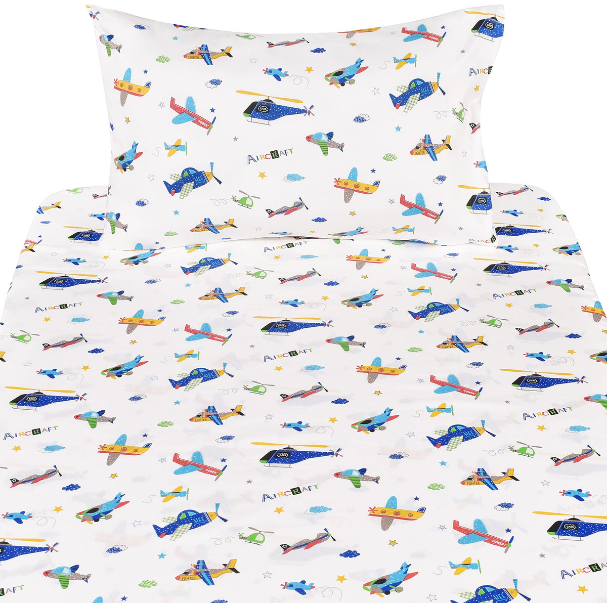 J-pinno Plane Airplane Aircraft Helicopter Cartoon Twin Sheet Set Bedroom Decoration Gift 100% Cotton Flat Sheet + Fitted Sheet + Pillowcase Bedding Set for Unisex Boys Girls (Airplane, Twin)