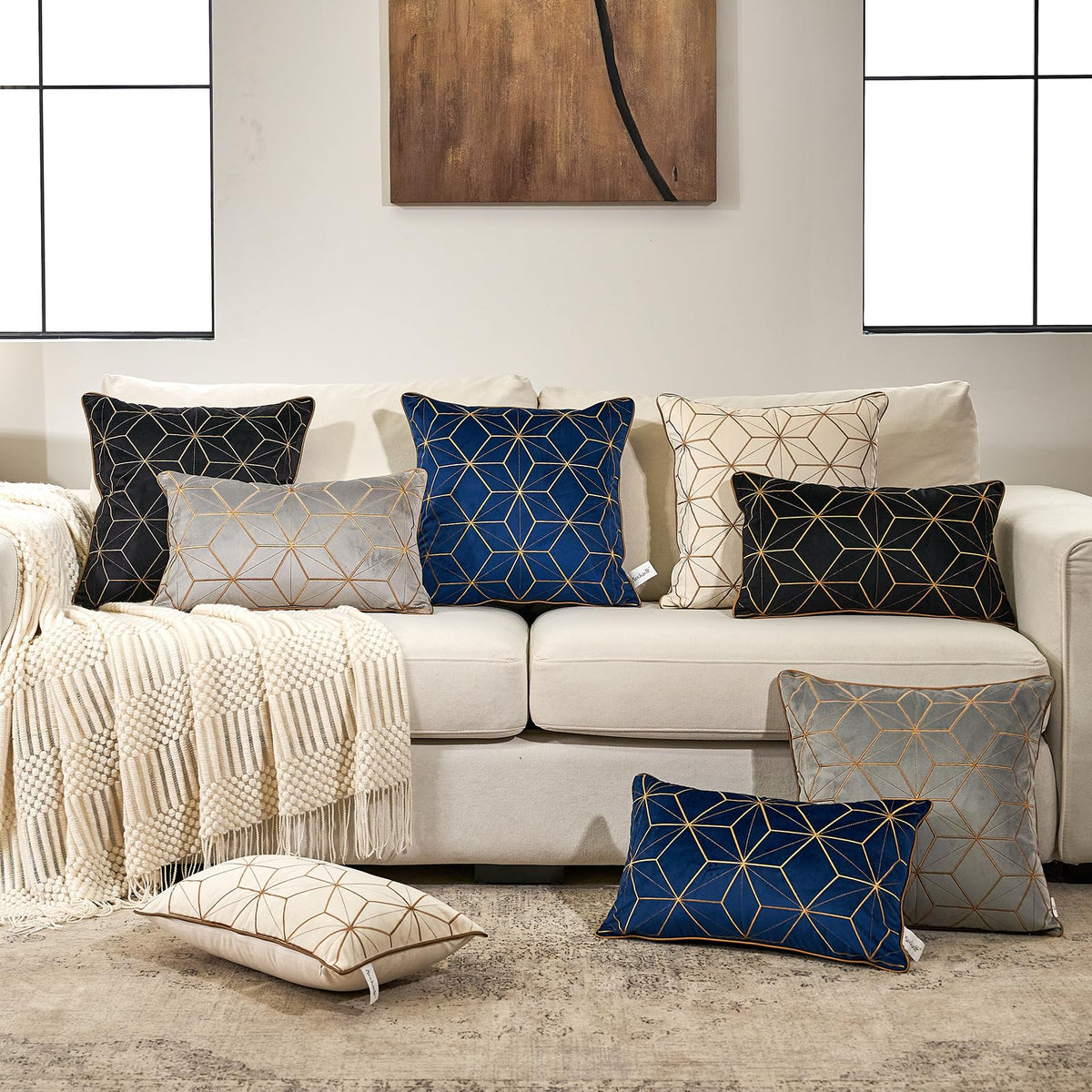 Aeckself Gray Gold Velvet Lumbar Throw Pillow Cover 12 x 20 Inch, Embroidery Rectangle Modern Plaid Accent Pillow Cover with Stitched Edge Decorative Oblong Cushion Case for Couch Living Room Bedroom