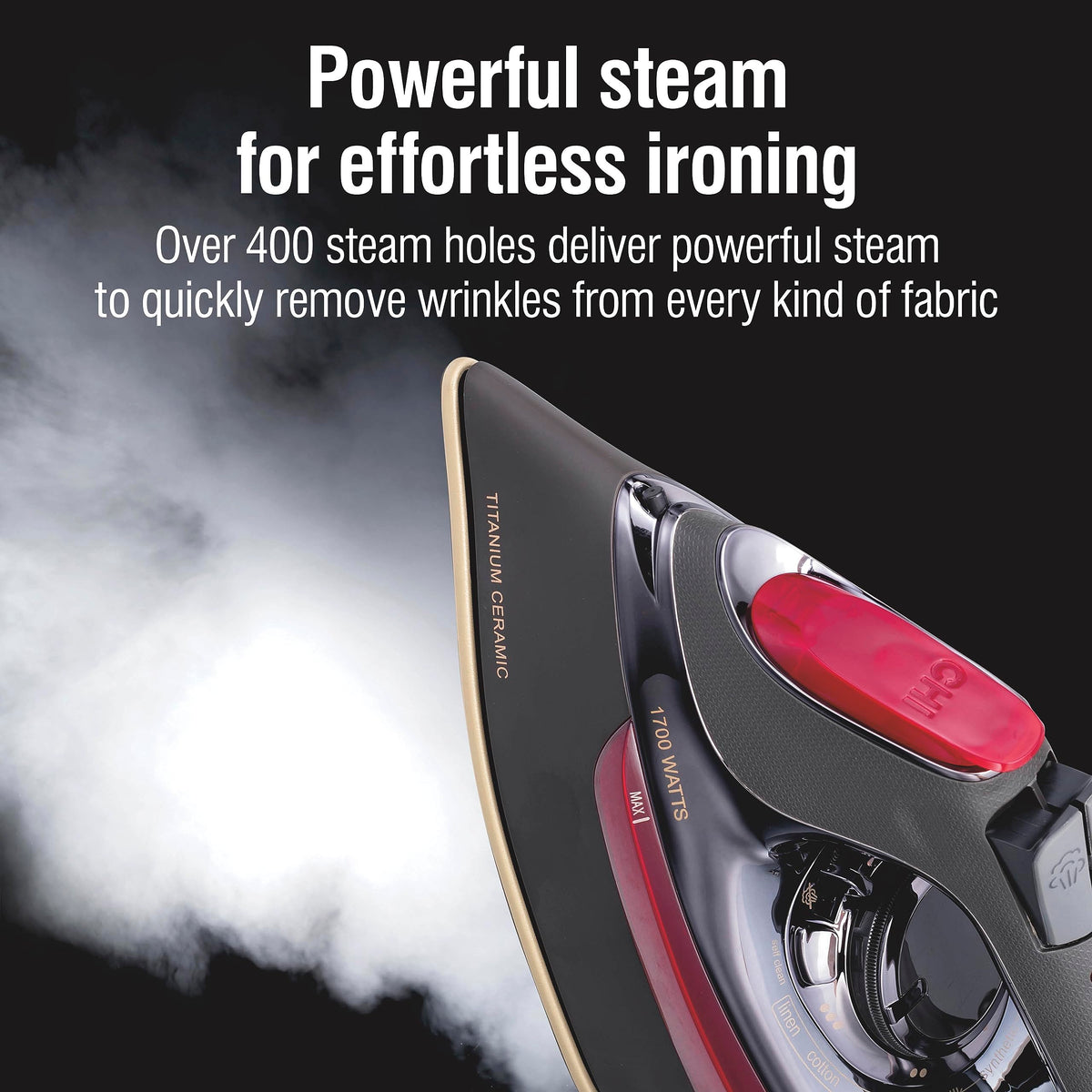 CHI Steam Iron for Clothes with 8’ Retractable Cord, 1700 Watts, 3-Way Auto Shutoff, 400+ Holes, Professional Grade, Temperature Control Dial, Titanium Infused Ceramic Soleplate, Black/Chrome (13109)