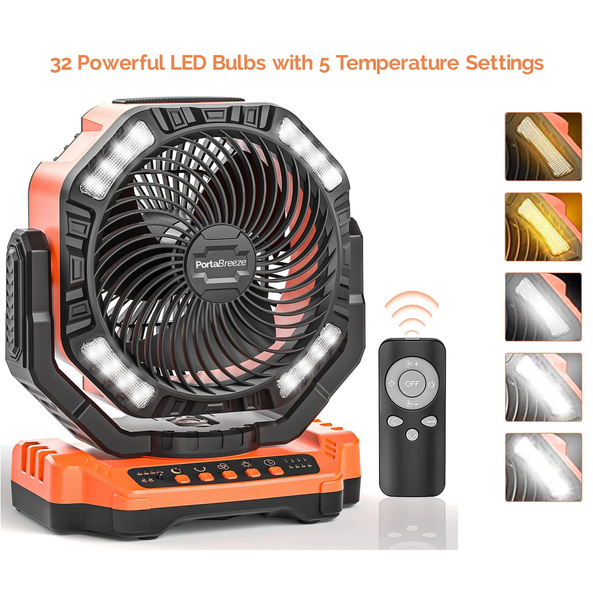 Porta Breeze 40000mAh Rechargeable Camping Fan w Light, Portable Battery Operated High Velocity Floor Table Fan; Oscillating w Timer, Remote for Outdoors, RV, Jobsite, Dorm, Patio, Weather Emergencies