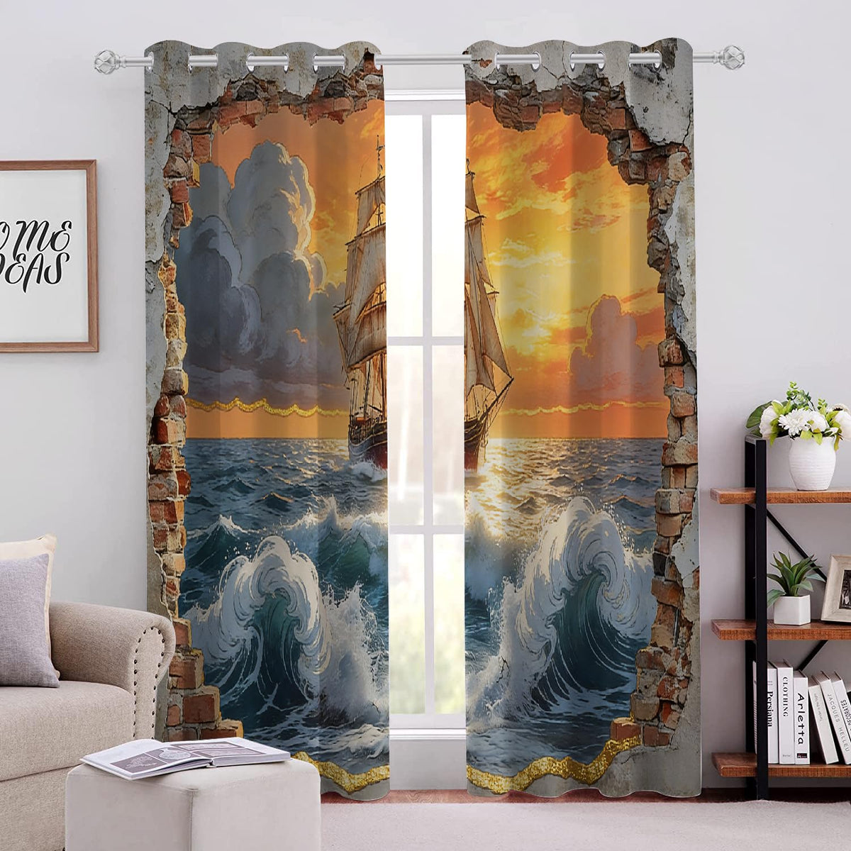 Ocean Sailing Ship Blackout Curtains, Sunset Sky Clouds 3D Printed Top Grommet Drapes 2 Panels, Thermal Insulated Energy Saving Drapes for Bedroom Living Room(104" W x 72 "L)