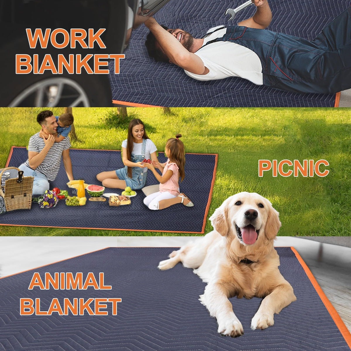 YMTLJHDSY 2 Moving Blankets 72x80in with 1 Elastic Rubber Band (196in Extendable to 400in) – Durable Quilted Moving Blanket-Heavy Duty Shipping Blankets (Total Weight 8.8 lbs,Black/Blue)