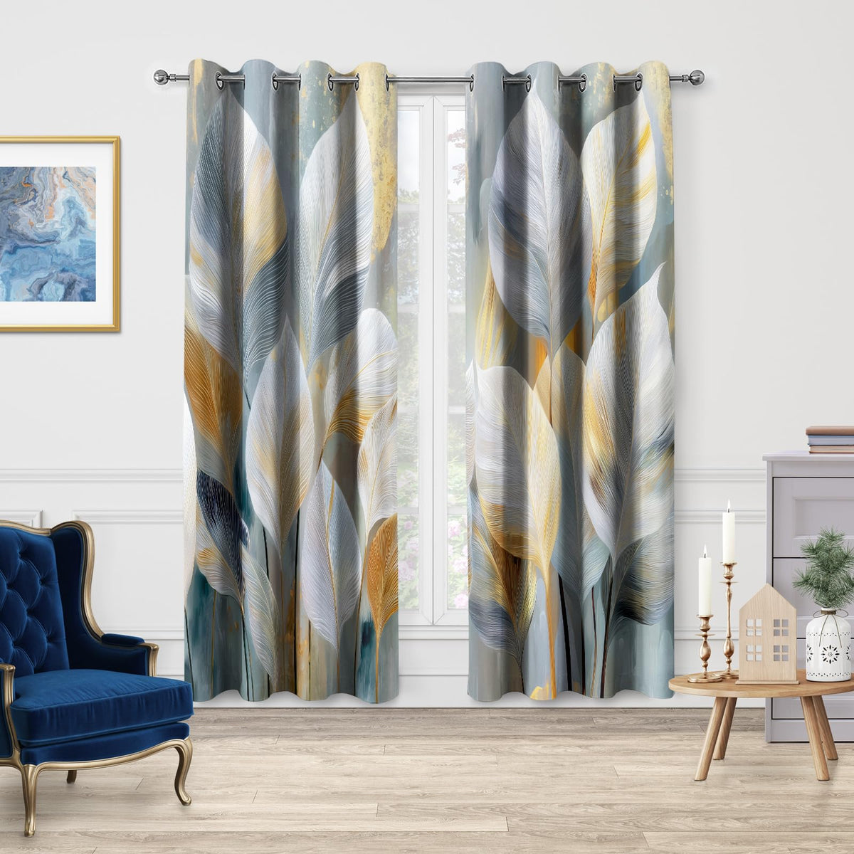 Jekeno Leaf Curtains Abstract Botanical for Bedroom Living Room Decor Natural Curtain Blackout Gold Foil Theme Modern Flower Grommet Window Drapes Luxe Foliage Graphic Art 2 Panel Set (52x84 Inch)