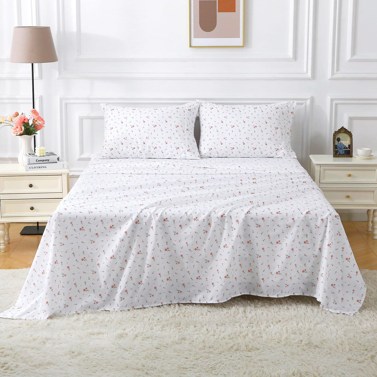 Softan Pink Flower Sheets for King Size Bed - 4 Piece Microfiber Floral Sheet Set with 15" Deep Pocket, Cute Pink Spring Flower Sheets and Pillowcase Set