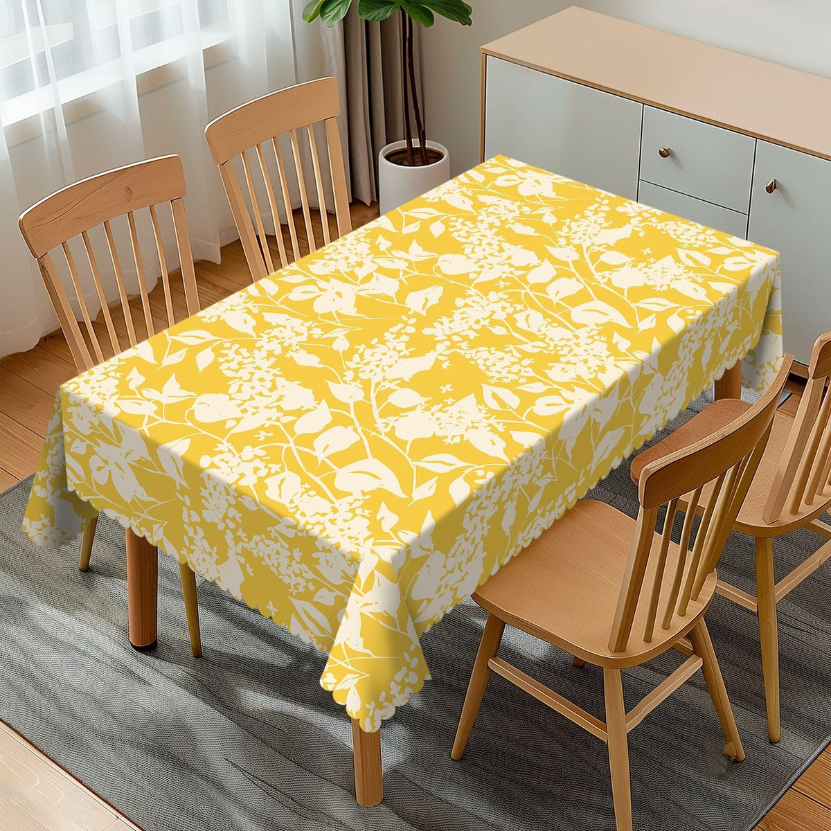 GOUROISE Bright Flowers Blooming Rectangular Tablecloth, Yellow Floral 54x72 Inch Wavy Lace Border Polyester Table Cloth for Dining, Kitchen, Parties
