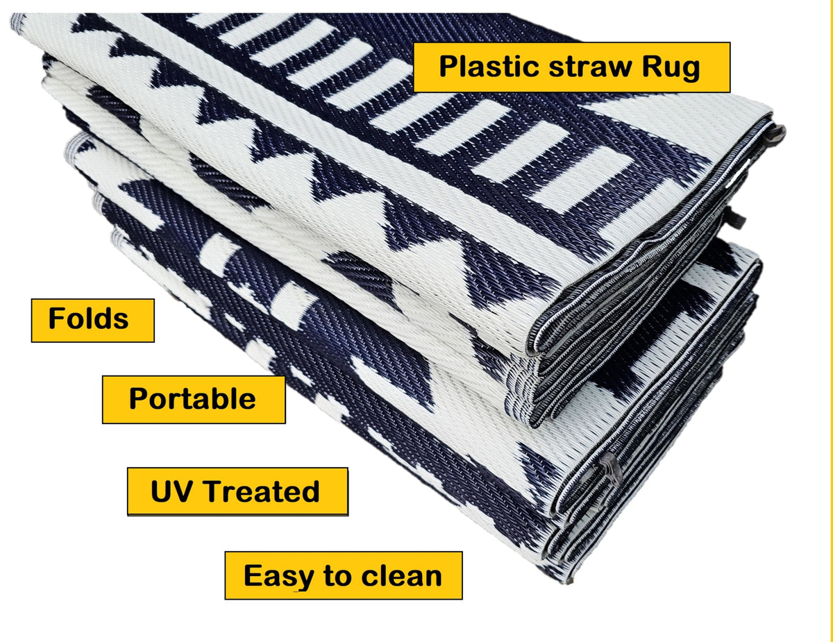 BalajeesUSA Outdoor Rugs–9x18 Plastic Patio Decor Grey Dark Blue, Durable and Affordable Recycled Straw Picnic All-Weather and Waterproof Reversible Camper Awning mats 7582