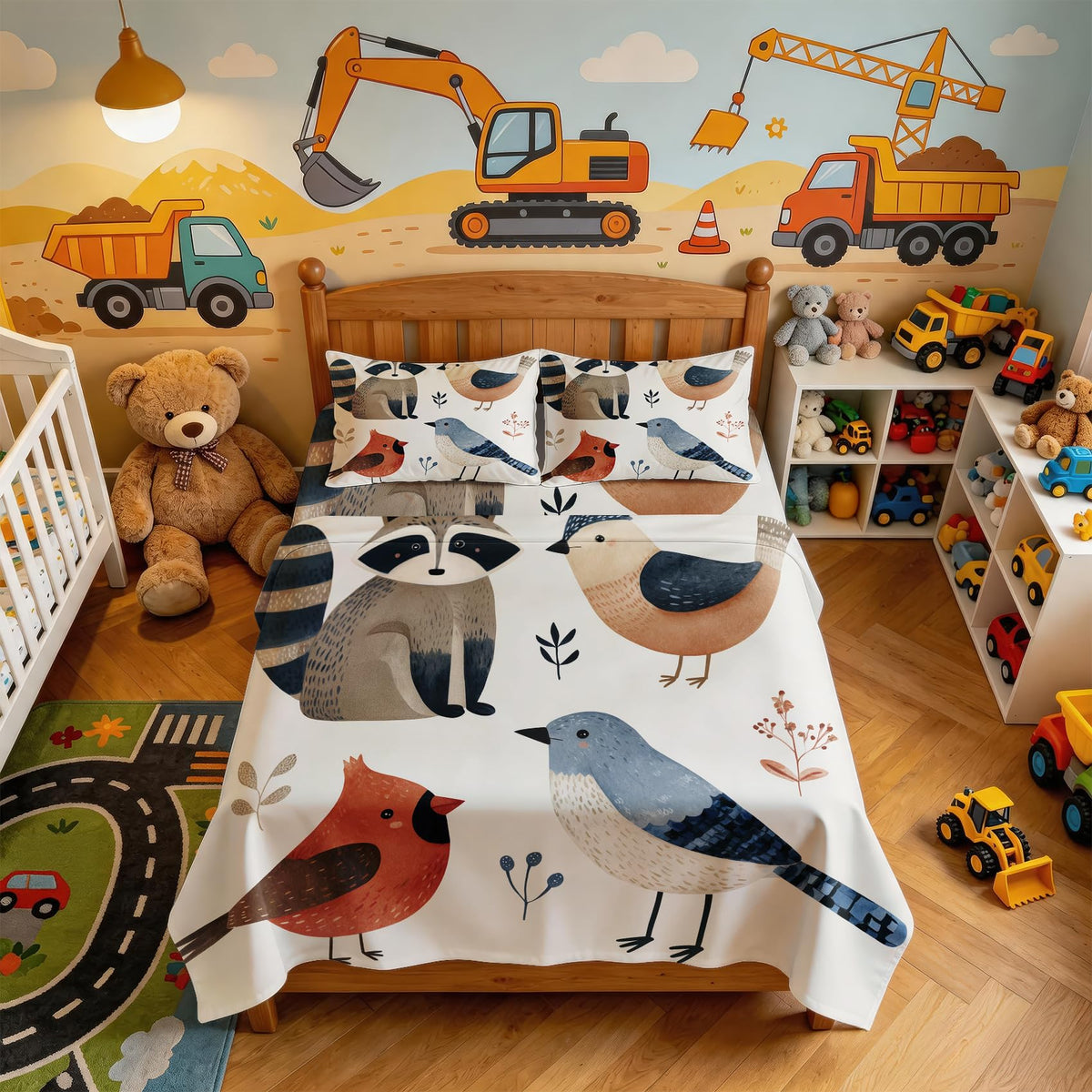 Bird Bedding Set 4 Pcs Raccoon King Sheets, Red Blue White