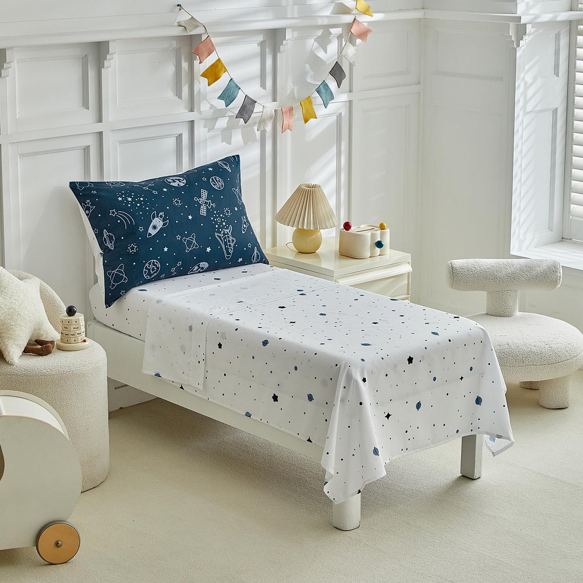 4 Pieces Toddler Bedding Set for Boy,Space Toddler Bed Comforter Set,Soft and Breathable Microfiber Crib Sheet Set,Includes Quilted Comforter, Flat Top Sheet, Fitted Sheet, Envelope Pillow Case -Blue