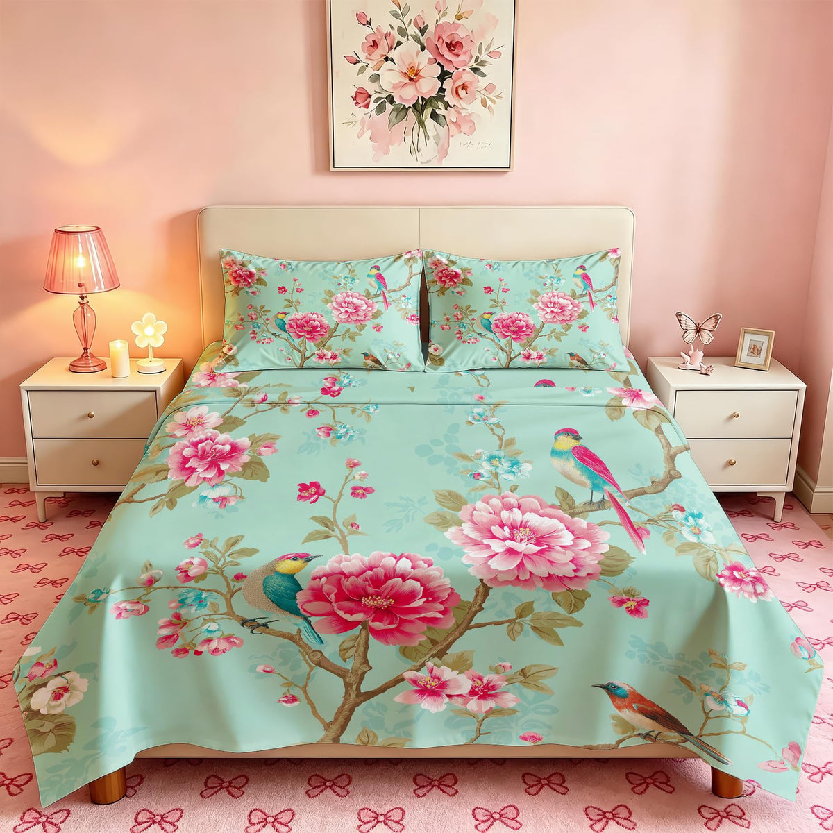 Bird and Peony Bedding Set 4 Pcs Chinoiserie Full Sheets