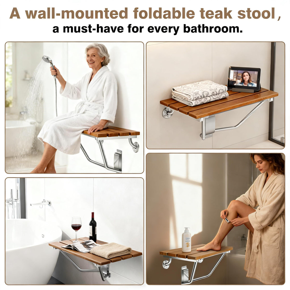 20'' Folding Shower Seat Wall Mounted, Folding Shower Bench with Stainless Steel Bracket, 500lb Load Capacity, for Elderly, Pregnant Women, Kids, Disabled