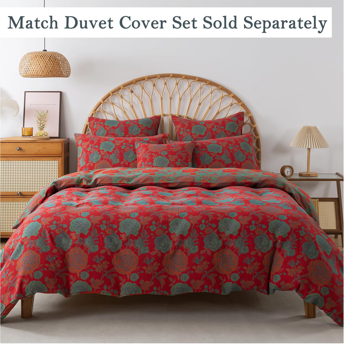 FADFAY Double Gauze 100% Cotton Queen Sheets Set Floral Bed Sheets Deep Pocket Fitted Sheet, Luxury Rose Pattern Shabby Vintage Countryside Style Bedding 4Pcs