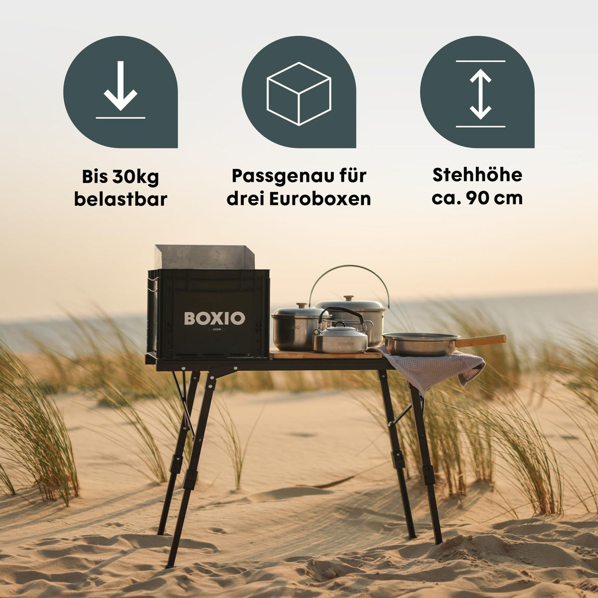 BOXIO - Folding Camping Table 88 x 40 cm Weatherproof Stable & Foldable Height-Adjustable Outdoor Table for Camping, Garden, Balcony & Motorhome Accessories (With Bag)