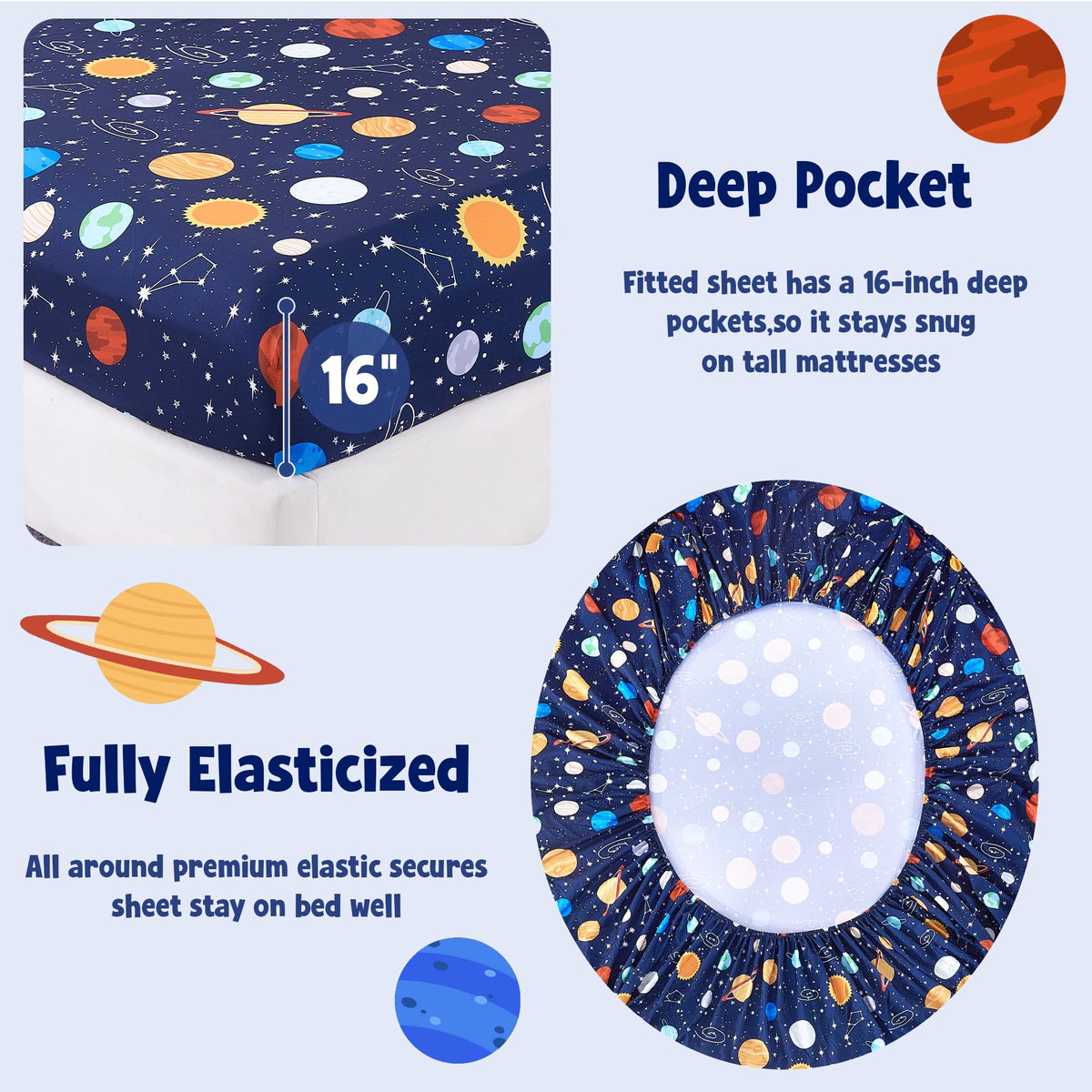 CozySmile Twin Sheet Set Kids,3 Pieces Breathable Soft Microfiber Bedsheets for Child Boys, Oeko-TEX, Anti Pilling Deep Pockets Easy Care Bed Sheets, Planet