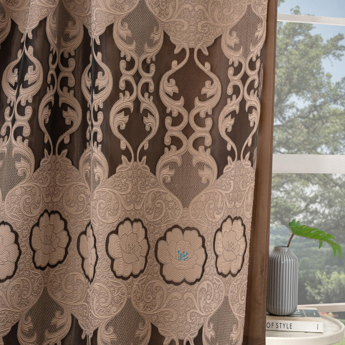 Petrichor Taupe Sheer Jacquard Voile Curtains （54" W x 84" L）, 2 Panels with Attached Valance, Double Layer Floral Cutwork Design with Luxurious Texture,Rod Pocket, for Bedroom & Living Room