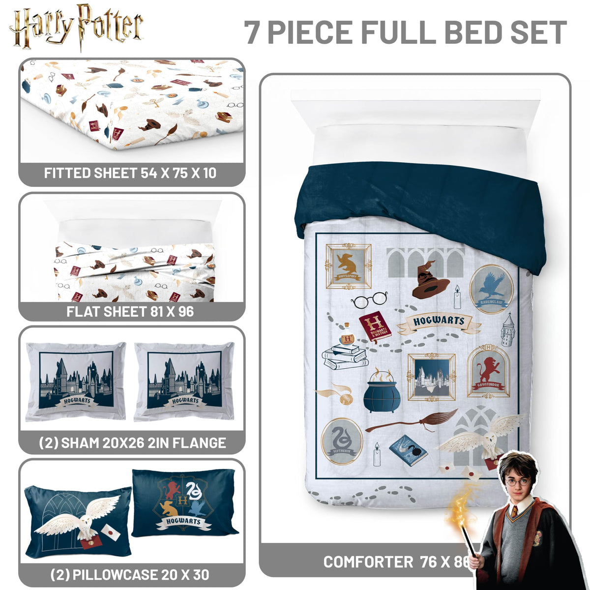 Jay Franco Kids Bed Set, Dark Grey, Harry Potter, 7 Piece Full