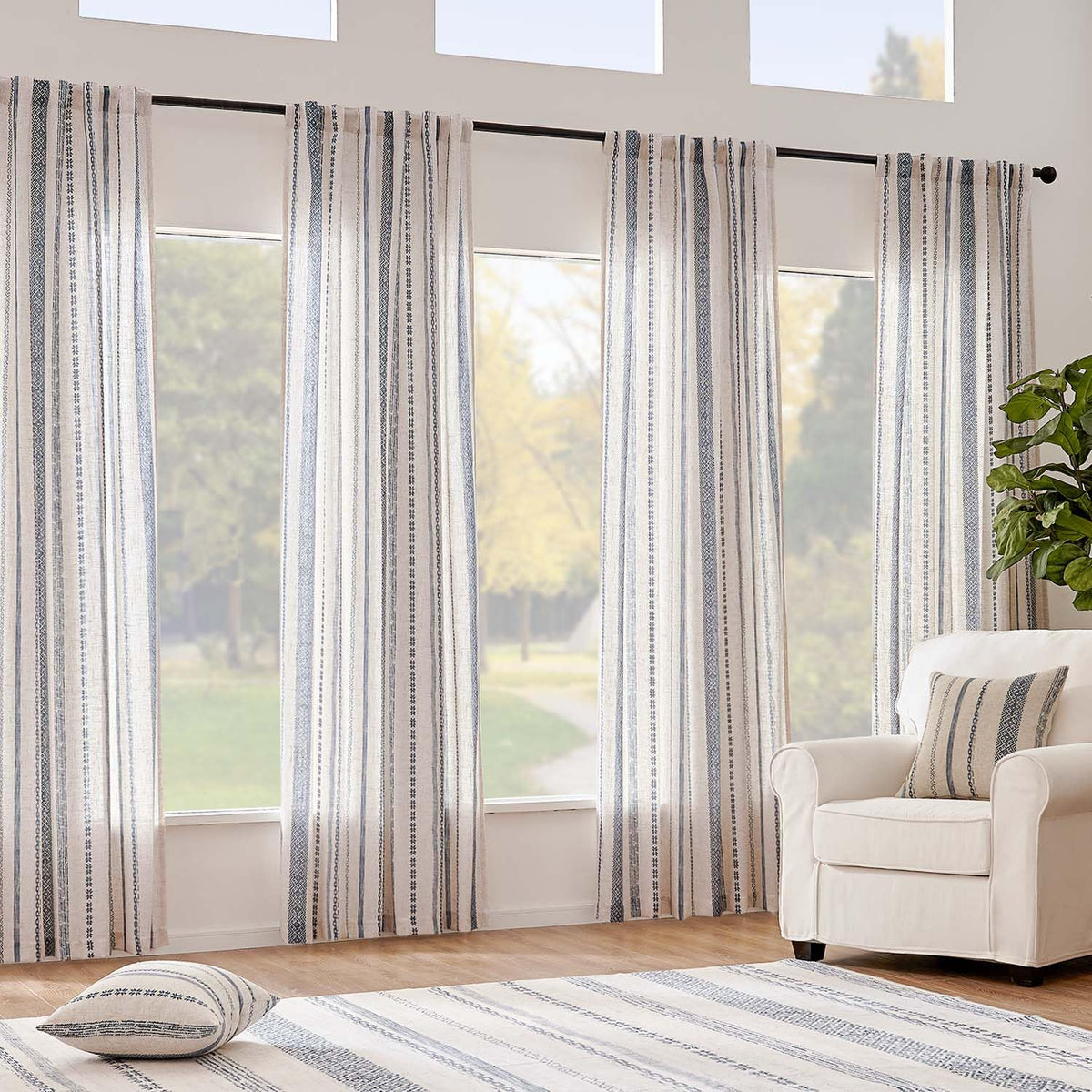 jinchan Linen Blend Boho Curtains for Living Room, 84 Inch Long Blue Printed on Beige Retro Farmhouse Bohemian Geometric Striped Drapes, Light Filtering Back Tab Curtains 2 Panels