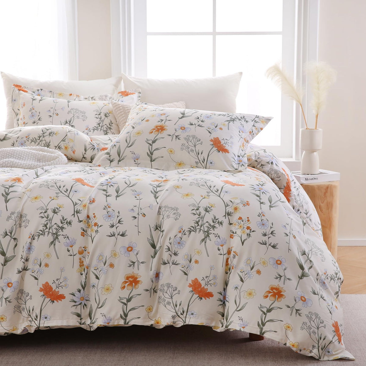 Ocharo Spring Floral 100% Cotton Duvet Cover King Size,Reversible Bedding Set with Yellow White Flowers,Soft Garden and Farmhouse Theme Duvet Bed Cover with 2 Pillow Cases(20"x36")