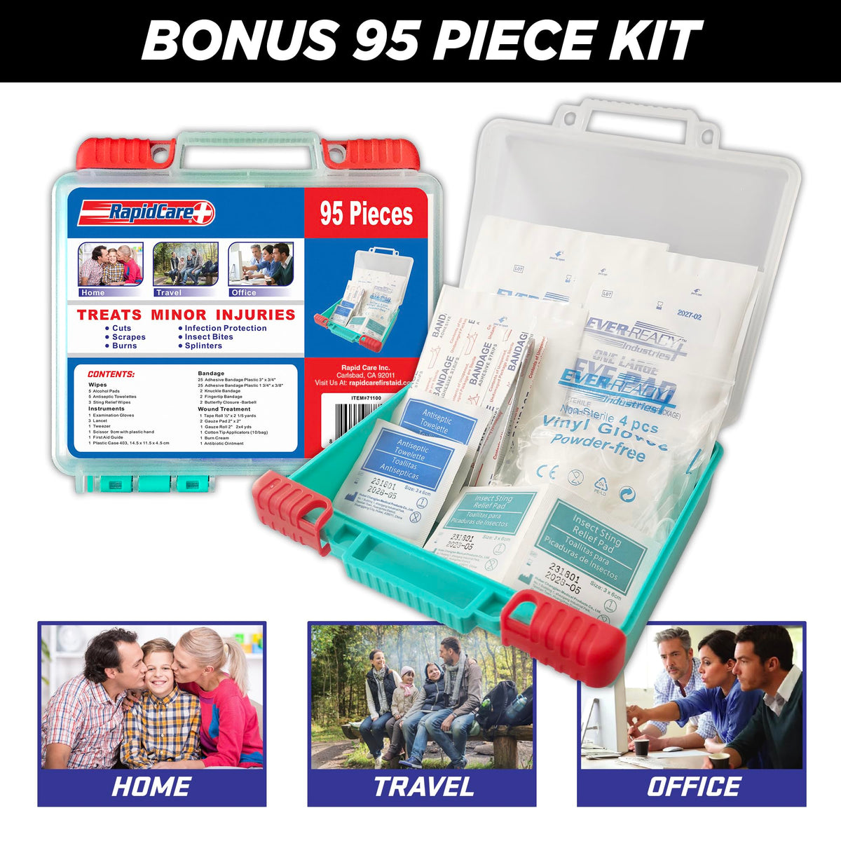 Rapid Care First Aid Kit – 300+ Piece Emergency Medical Kit with Bonus 95-Piece Travel Pack – Outdoor, Workplace, and Home Use – Color Coded & Labeled for Quick Access