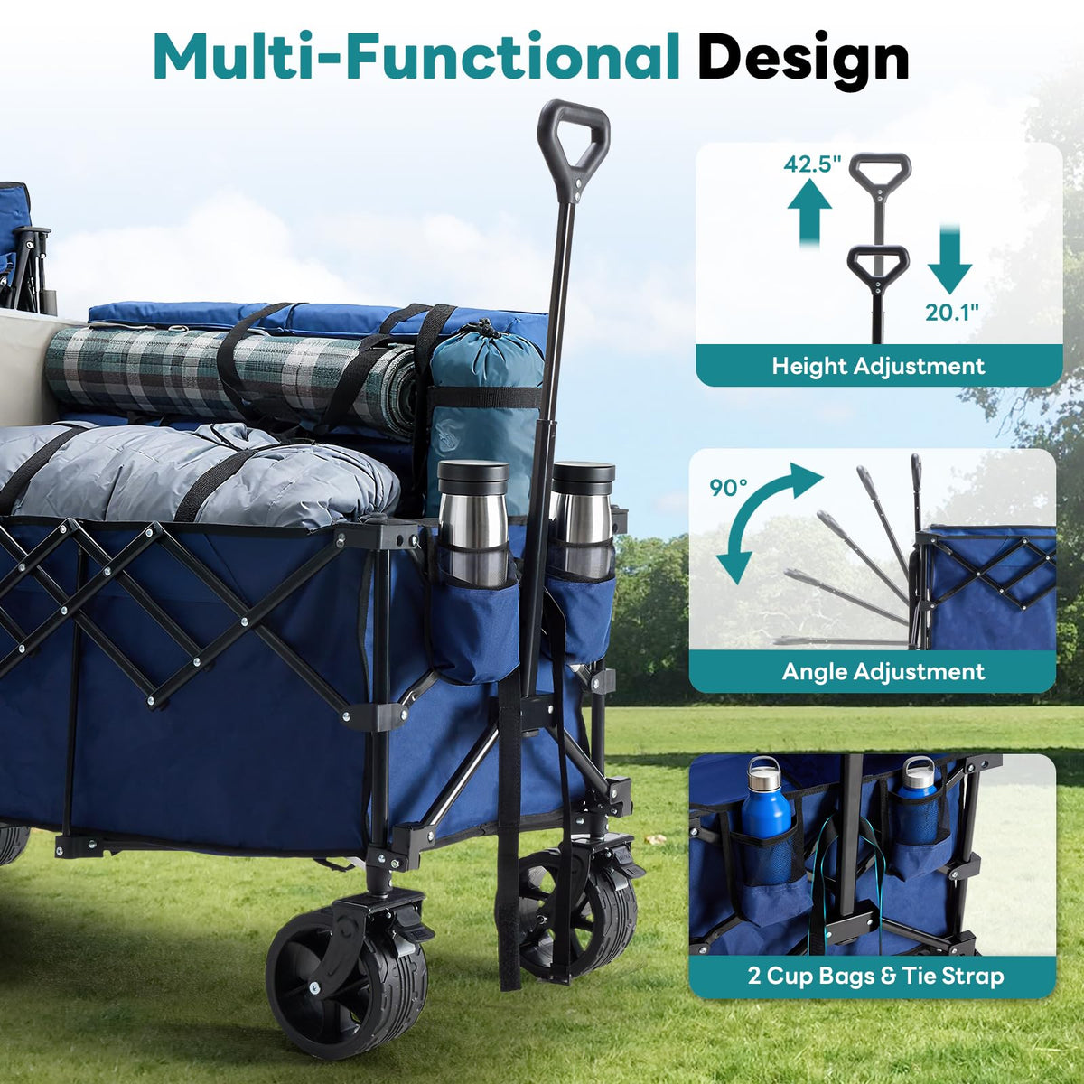 OLIXIS 49" Wagon Cart Collapsible 440lbs Foldable Extra Long Heavy Duty Utility Wagon with Wheels, Portable Storage Grocery Cart for Camping, Shopping, Sports, Beach, Garden, Blue