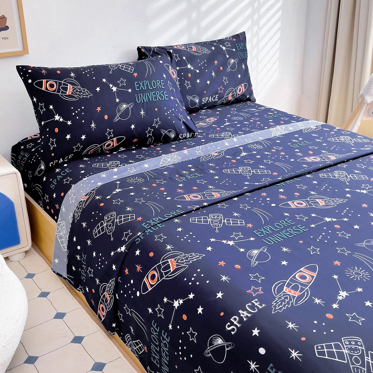 Homilay Full Sheet Set Kids - Navy Blue 4 Pieces Soft Microfiber Cartoon Style Bedsheets for Boys Girls Teens, Oeko TEX Breathable 15 Inch Deep Pocket Sheets(Space Rocket)
