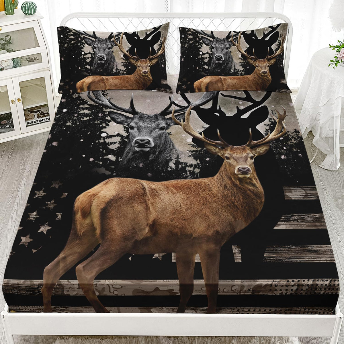 HOSIMA Snowy Forest Animal Bedding Set with 2 Pillowcases,Camo American Flag Twin Bed in a Bag Set for Adults Teen Mens Bedroom Essentials,Wildlife Elk Deer Fitted Sheet Deer Bedding.