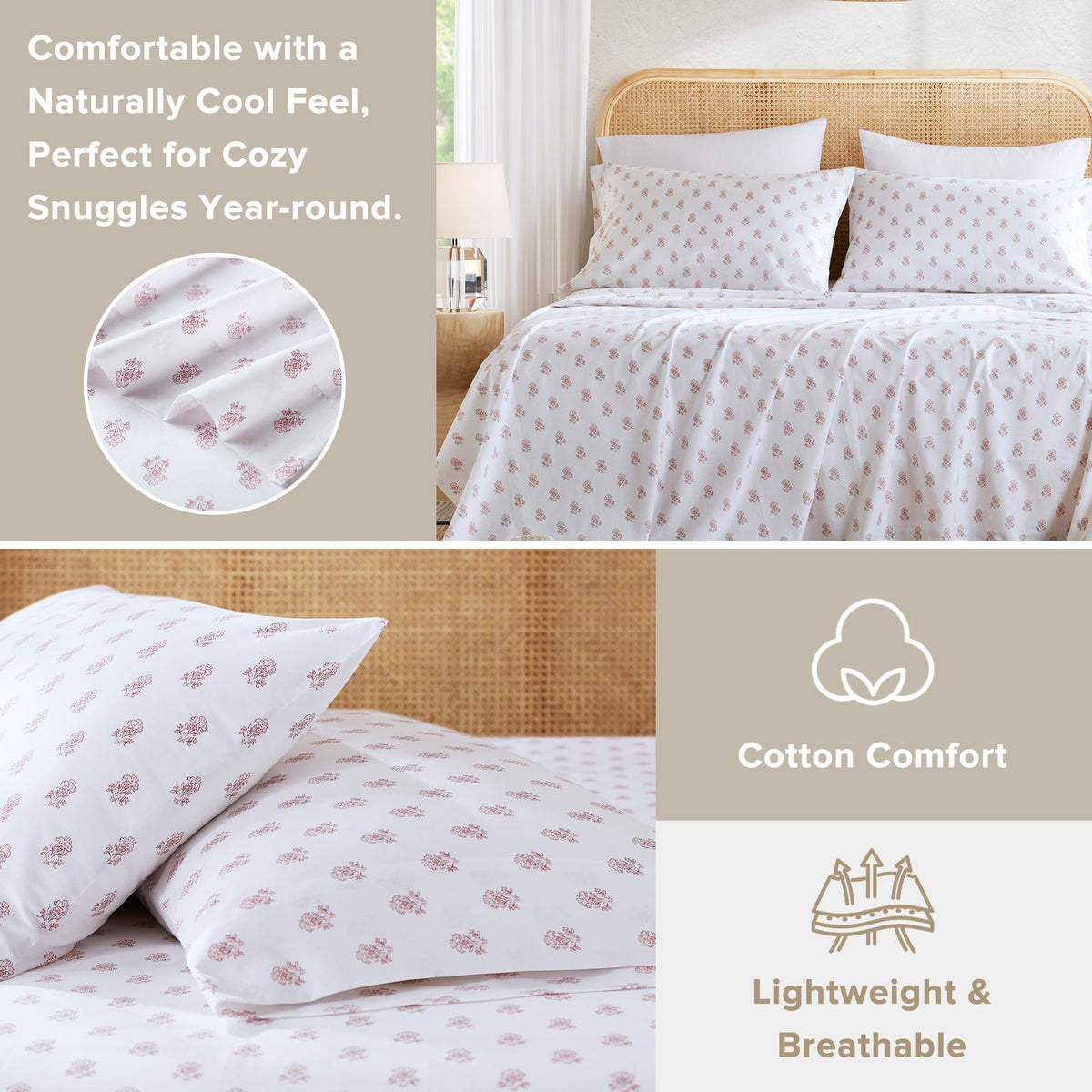 Comfort Spaces 100% Cotton Sheets King, Breathable, Naturally Cool Cotton Sheets, Soft Cotton Bed Sheets with 14" Elastic Pocket Fits up to 16" Mattress, All Seasons Sheet Set, Floral Pink 4 Piece