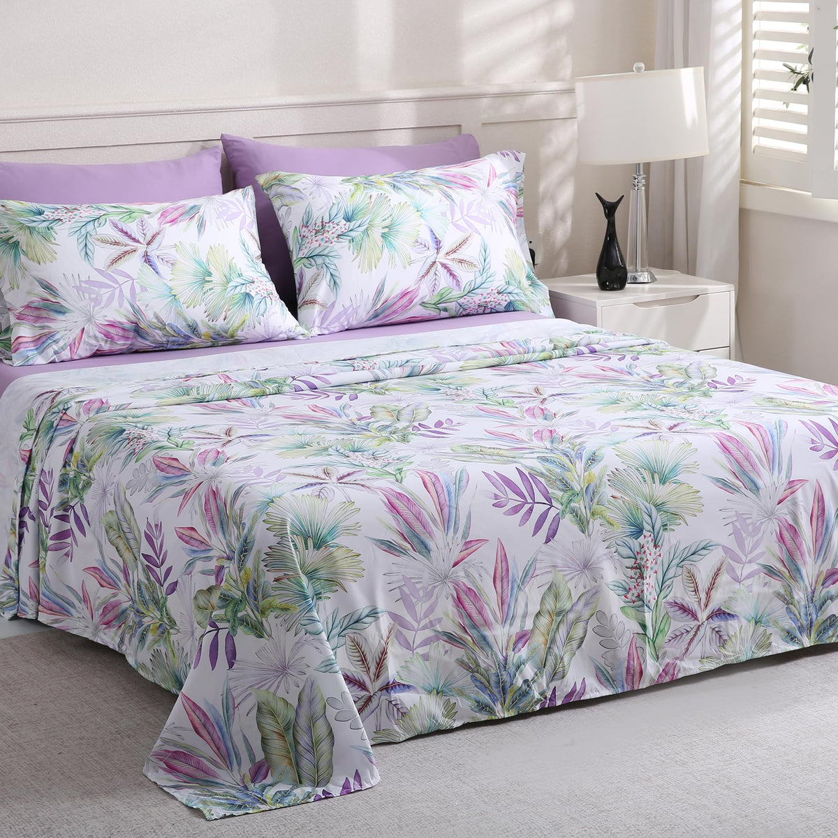 LONAVA Botaincal King Size 6 Pcs Sheet Set, Breathable Microfiber Deep Pocket Lavender Fitted Sheets, Comfy & Breathable Patterned Flat Sheets,4 Gentle Soft Pillowcases, Tropical