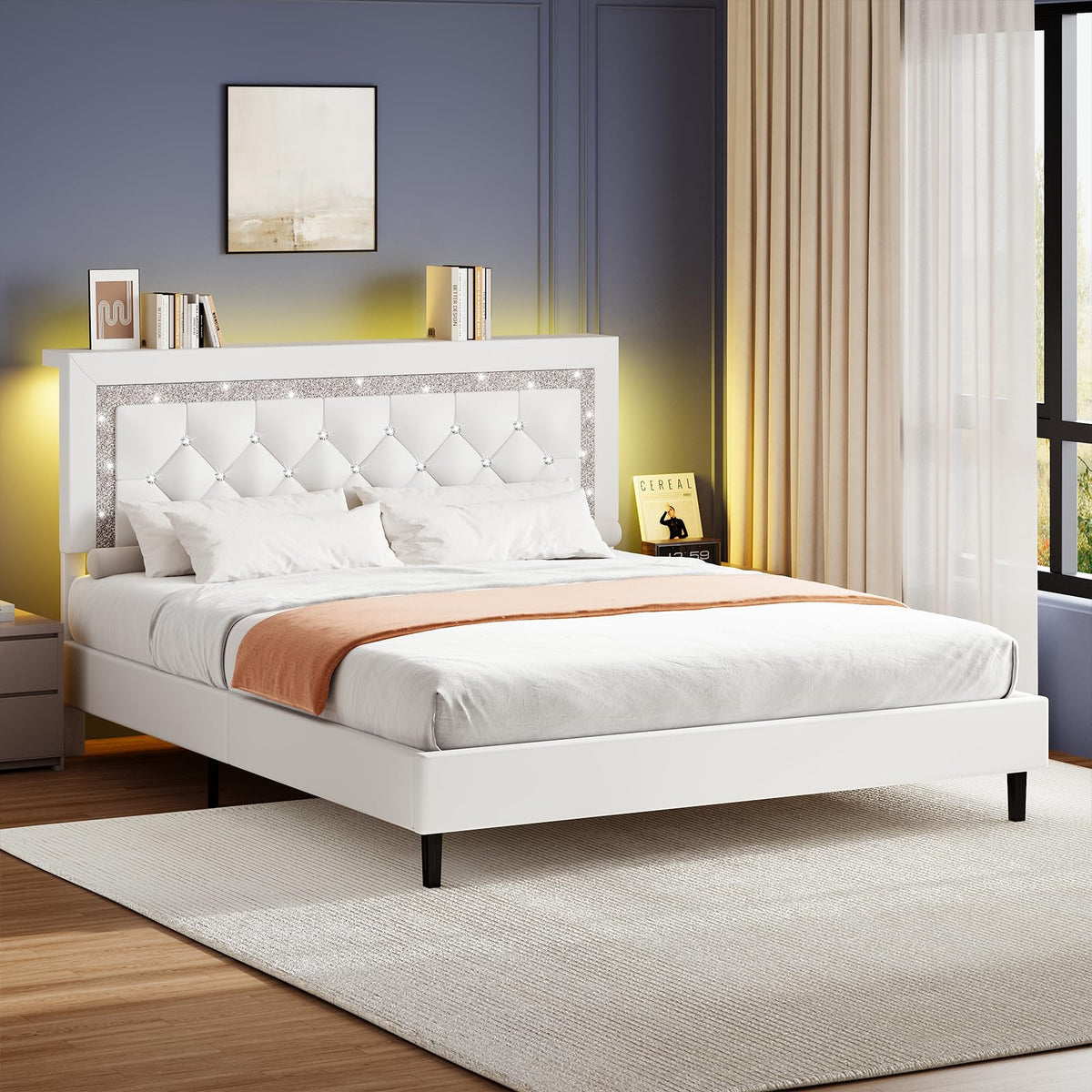 BarnFurin Full Size Bed Frame with Storage Headboard, Full Size Bed Frame with Headboard Diamond Tufted and LED Lights, Wooden Slats Support, Noise Free, No Box Spring Needed, Easy Assembly, White