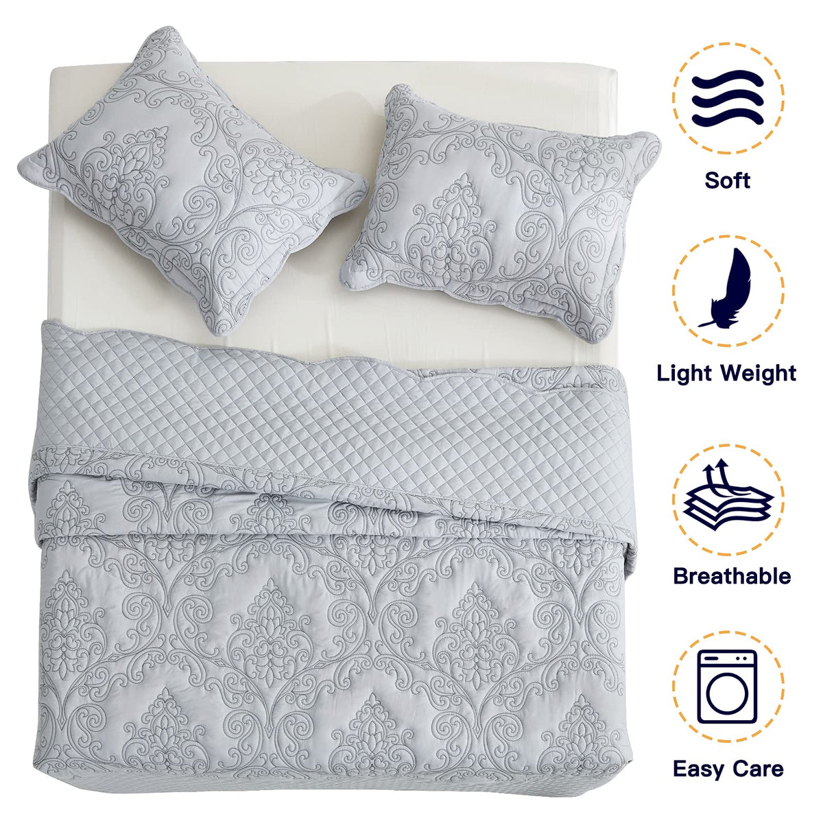 CHIXIN Bedspread Coverlet Set Queen Size - Lightweight Bedding Cover - Beautiful Stitching - 5 Piece Reversible Bedspread - Luxury Damask Paisley Pattern (Queen, Light Grey)