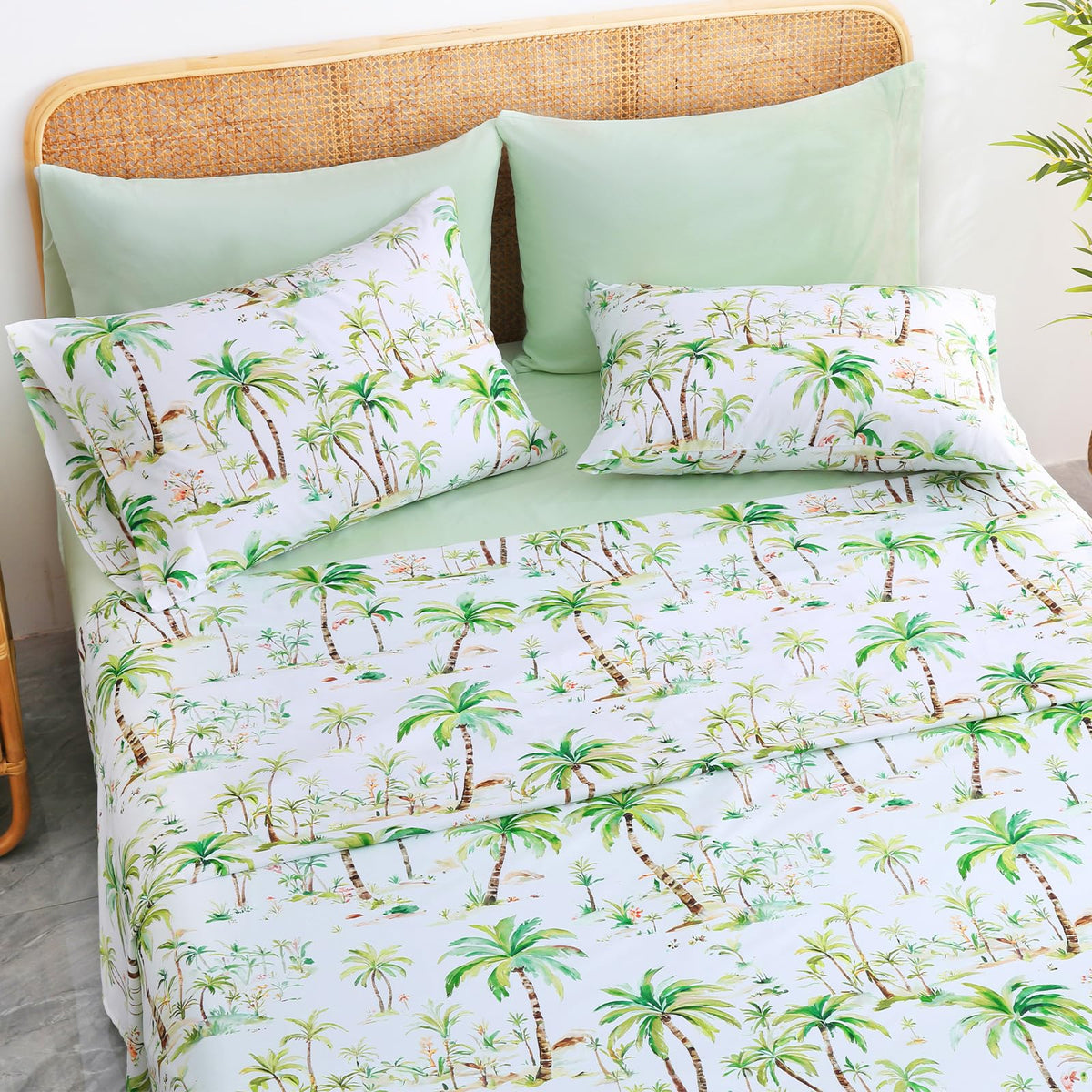 LONAVA Tropical Queen Size 6 Pcs Sheet Set, Breathable Microfiber Deep Pocket Sage Green Fitted Sheets, Comfy & Breathable Patterned Flat Sheets,4 Gentle Soft Pillowcases, Summer Tree